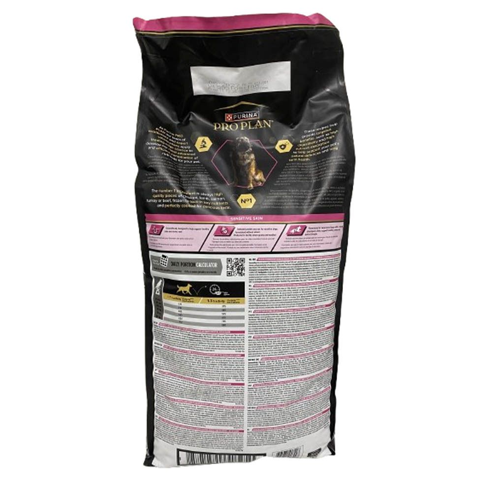 Achterkant van de Purina Pro Plan hondenvoerzak. Tekstinformatie en voedingswaarde. Afbeelding van een hond.