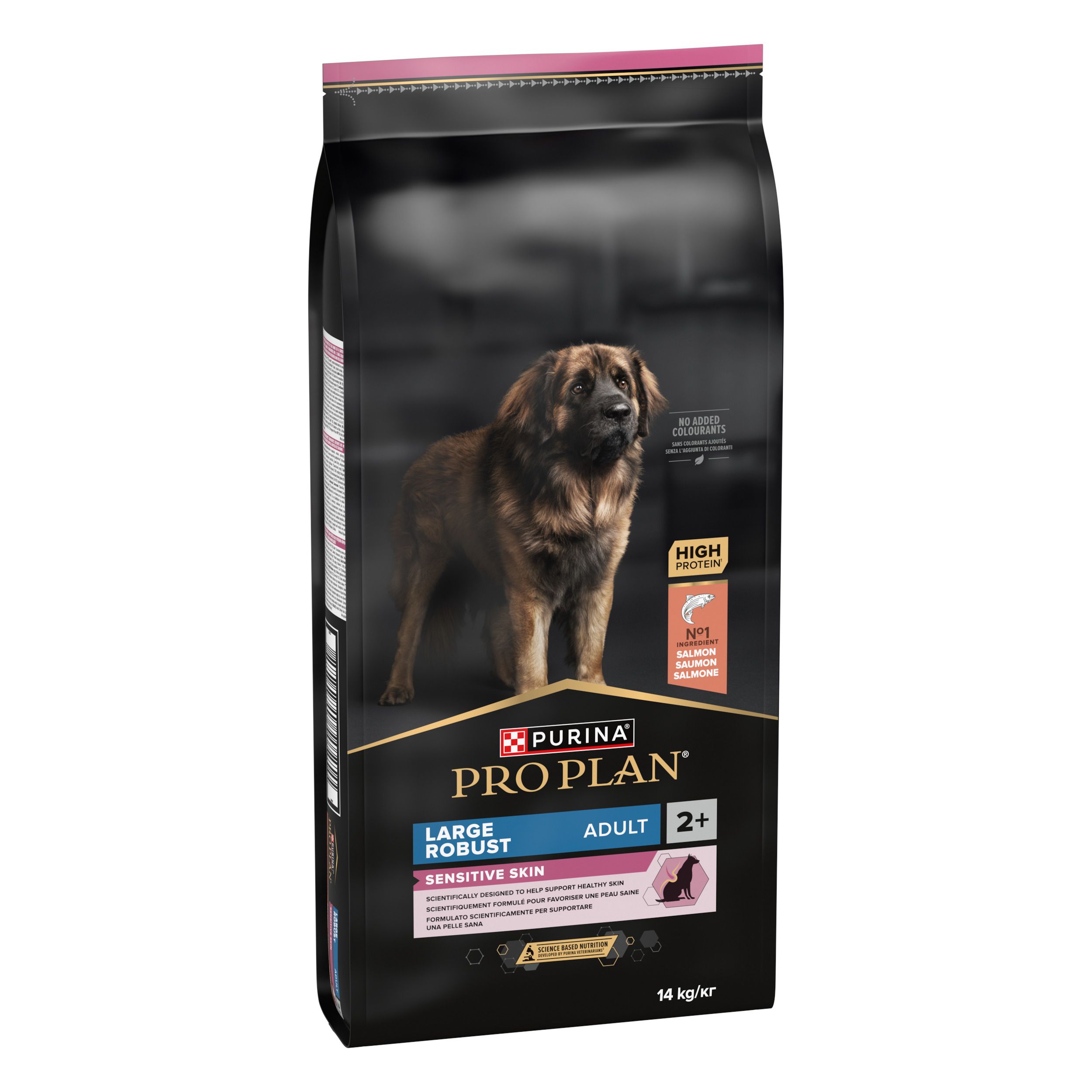 Sac de nourriture pour chiens Purina Pro Plan. Inscription : Large Robust Adult Sensitive Skin Saumon. Dos avec texte.