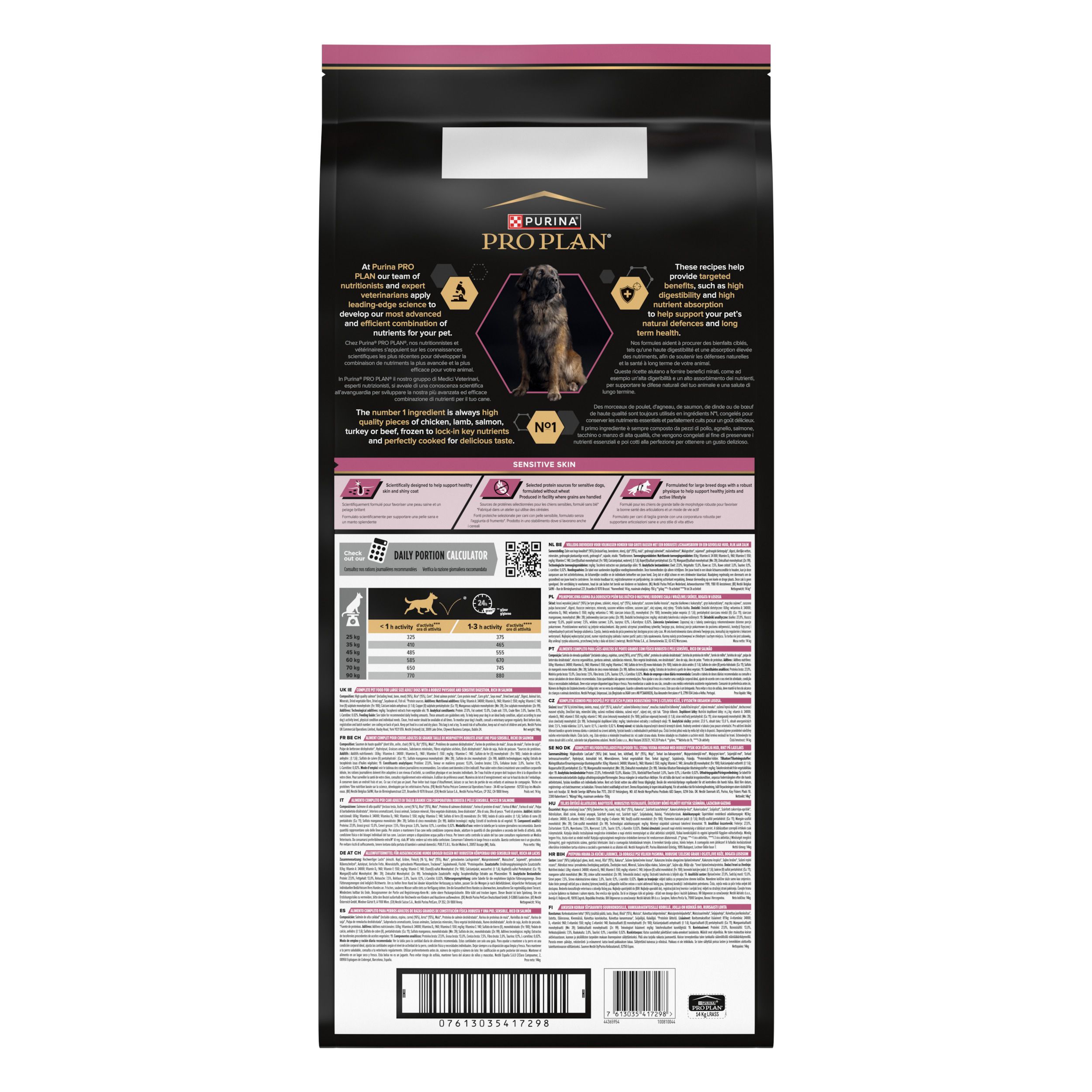 Purina Pro Plan hondenvoerzak. Opschrift: Large Robust Adult Sensitive Skin Saumon. Achterkant met tekst.