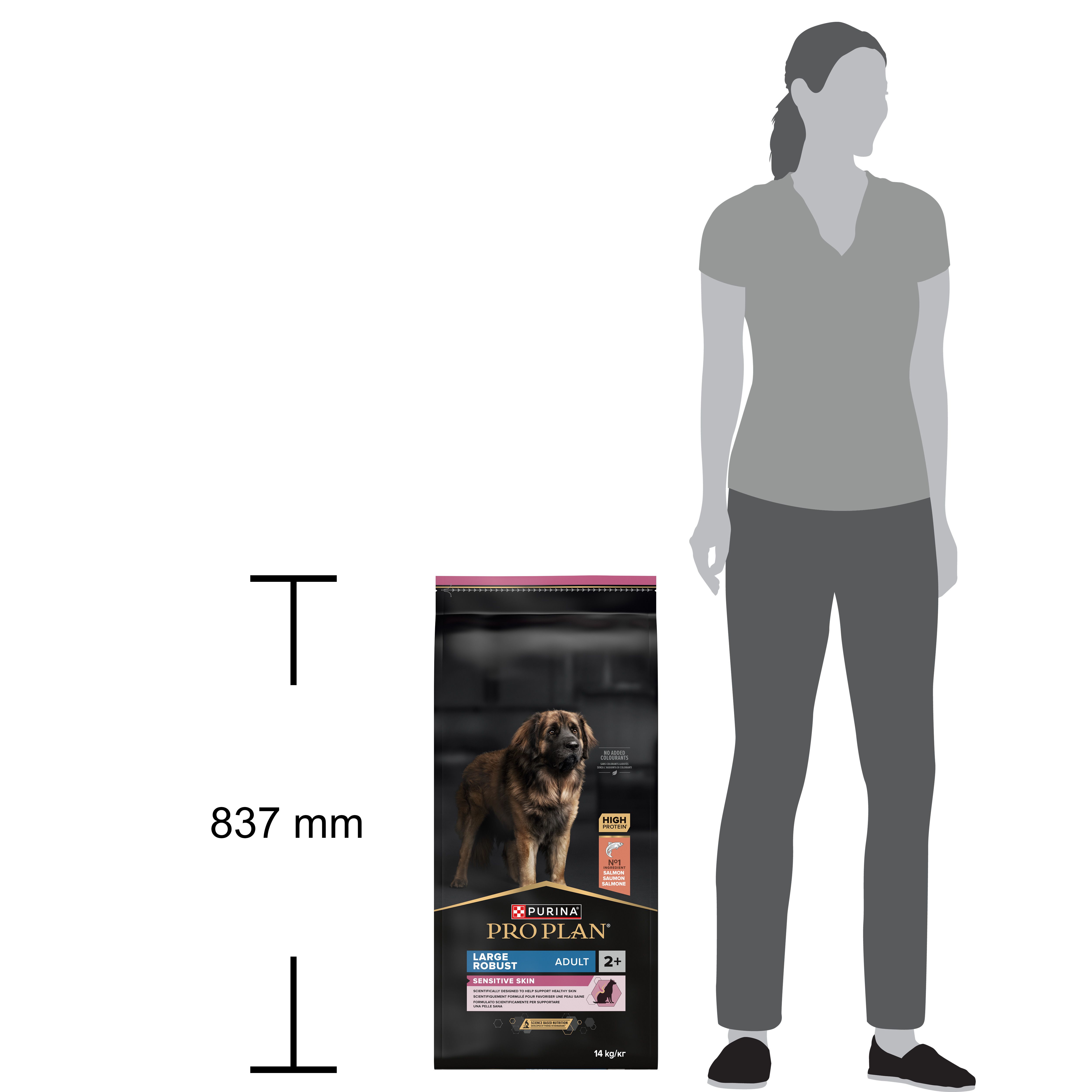 Purina Pro Plan hondenvoerzak. Opschrift: Large Robust Adult Sensitive Skin Saumon. Afbeelding van een vrouw.