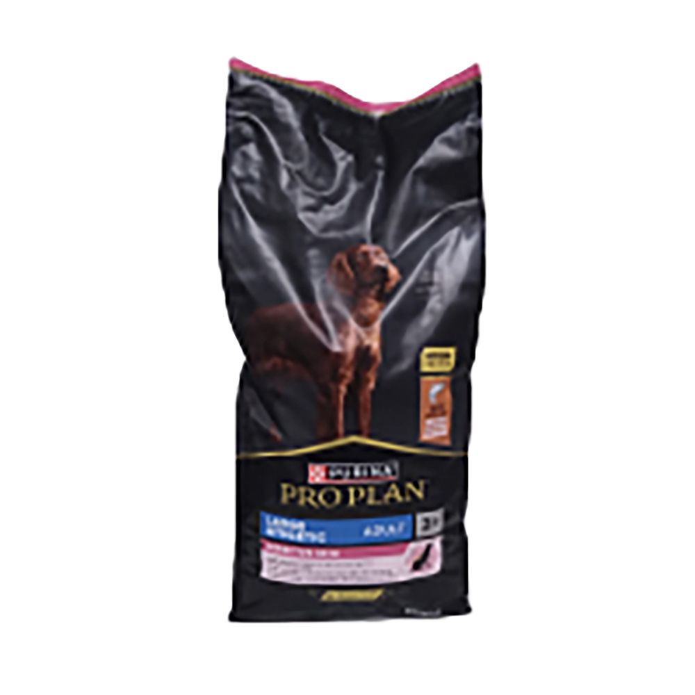 Zwarte zak hondenvoer. Opschrift: PRO PLAN, hond, tekst. Roze accent. Afbeelding van een hond.