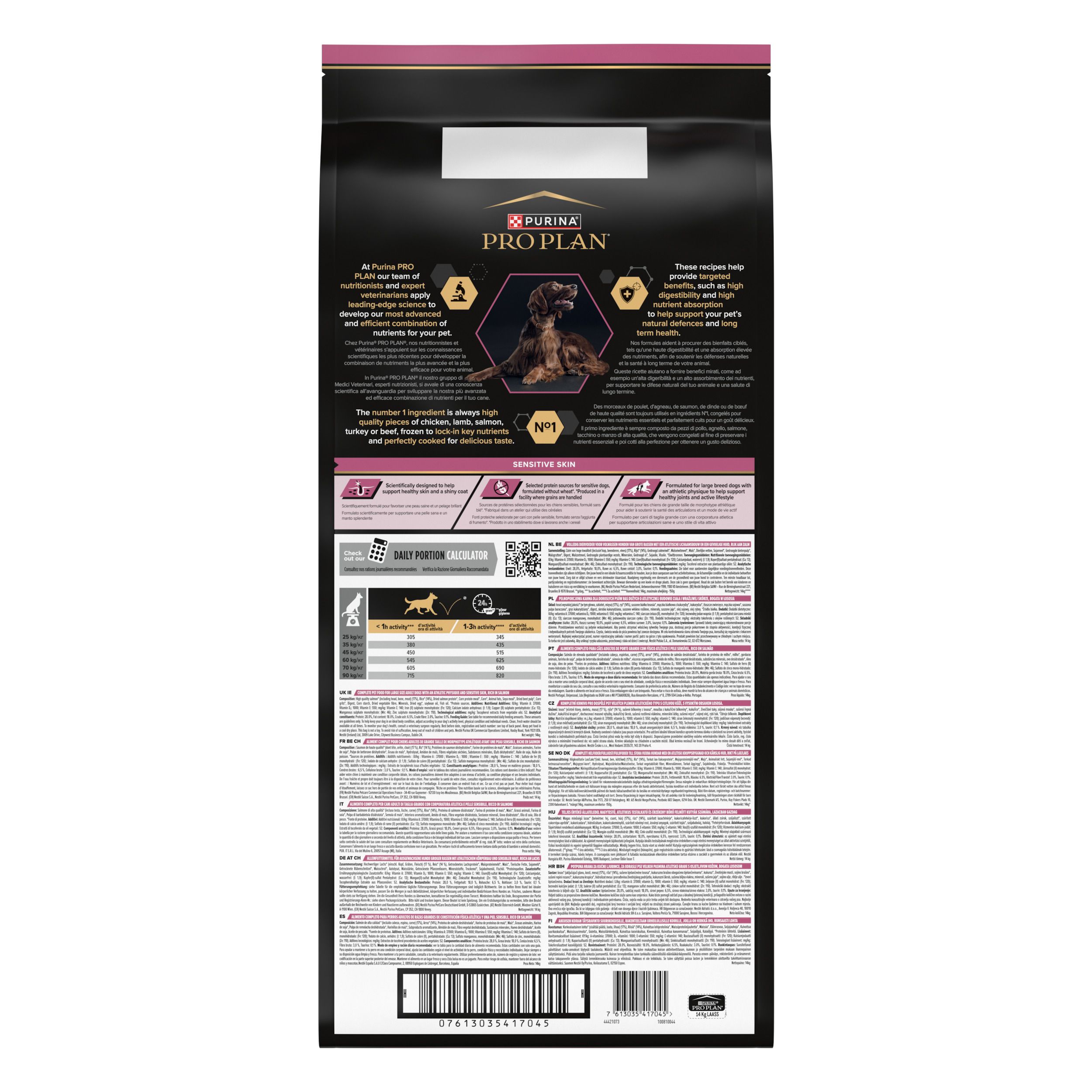 Zak hondenvoer. Achterkant met tekst en informatie. Roze accent. Bevat zalm.