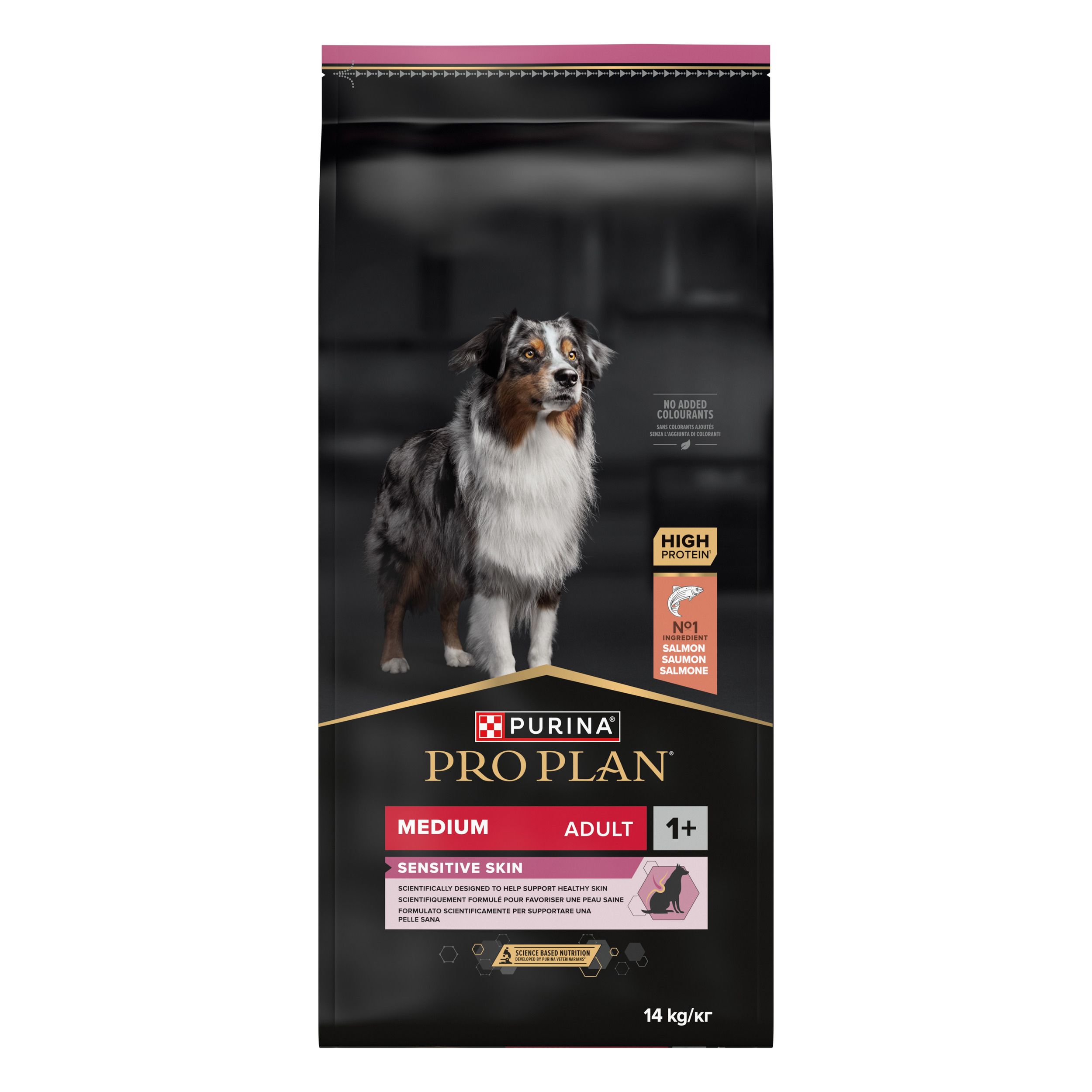 Sac noir de nourriture pour chiens. Inscription : PRO PLAN, Medium Adult, Sensitive Skin. Image d'un chien.