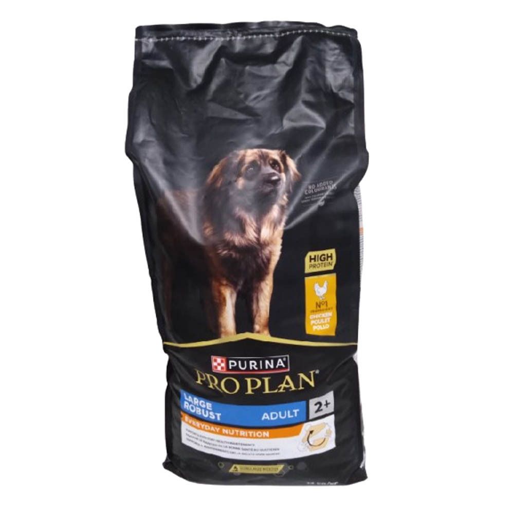 Zwarte zak met hond. Opschrift: Purina Pro Plan, Large Robust Adult 2+ Everyday Nutrition.