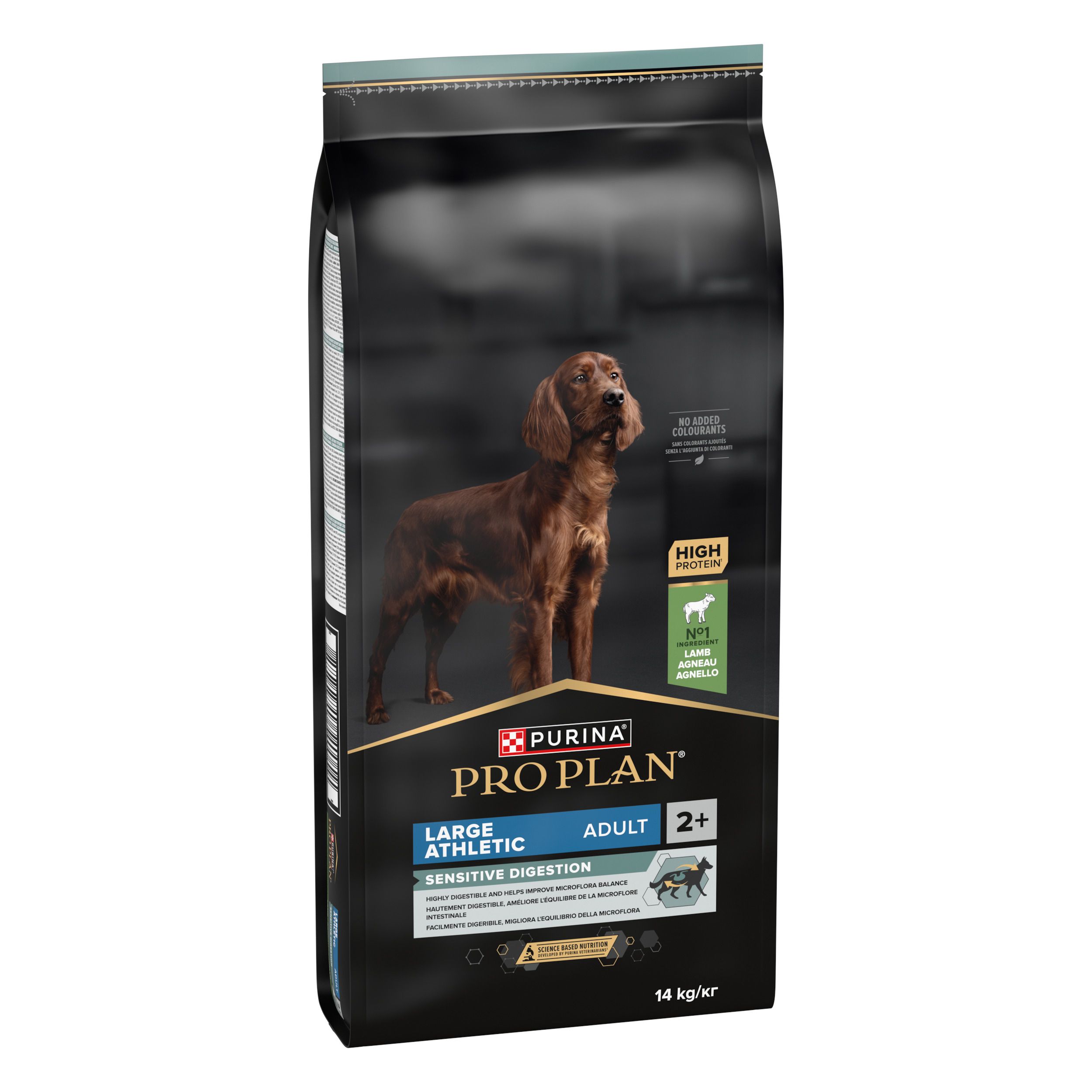 Zwarte zak met hond. Opschrift: Purina Pro Plan, Large Athletic Adult 2+ Sensitive Digestion.