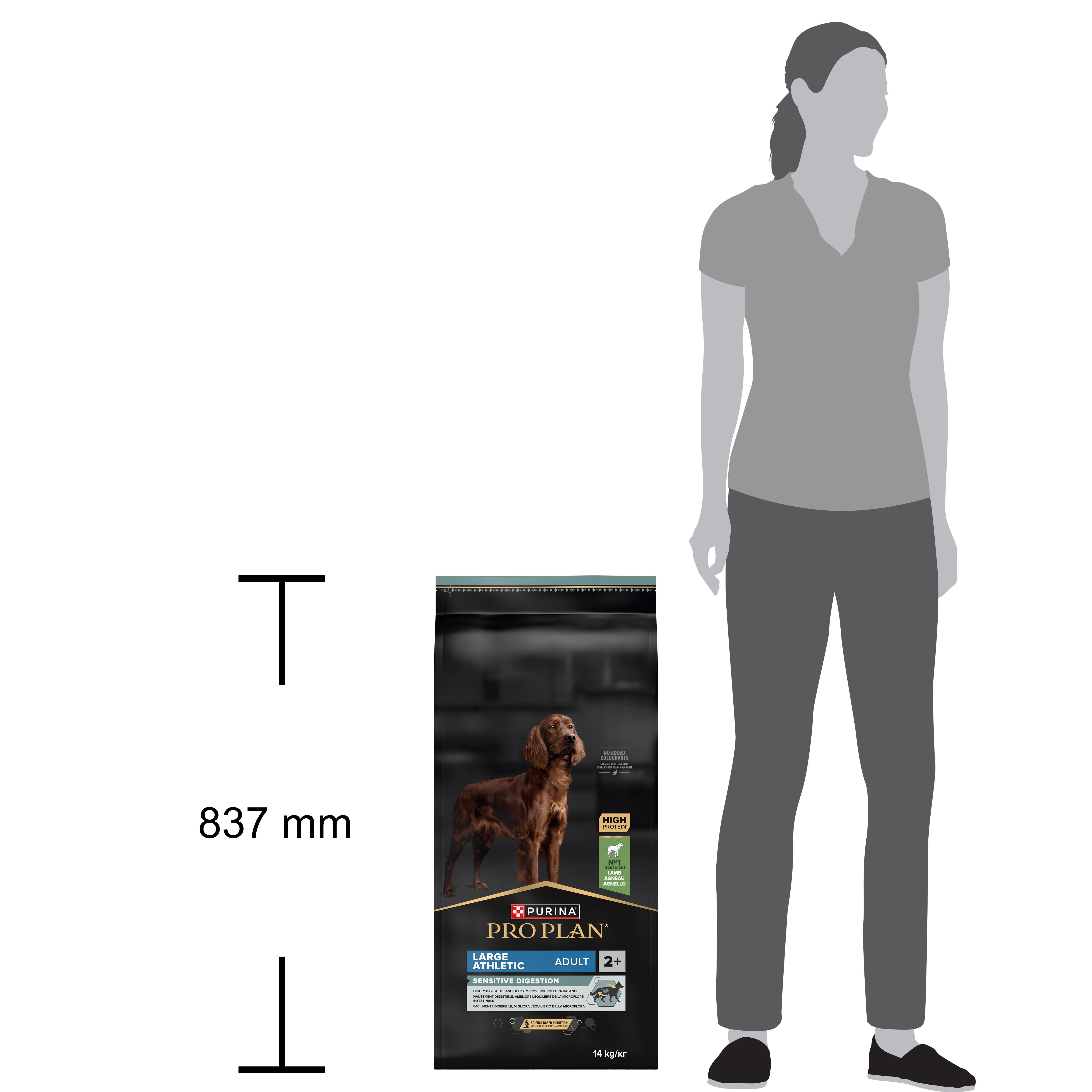 Comparaison de la taille du sac avec une femme. Inscription : Purina Pro Plan, Large Athletic Adult 2+.