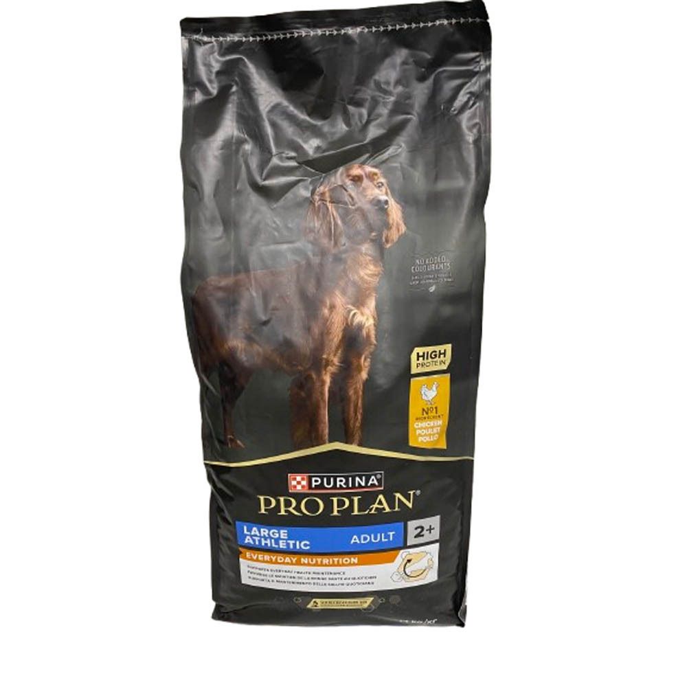 Purina Pro Plan hondenvoer, Large Athletic Adult, Kip. Zwarte verpakking met hond erop. Tekst: High Protein, Adult 2+.