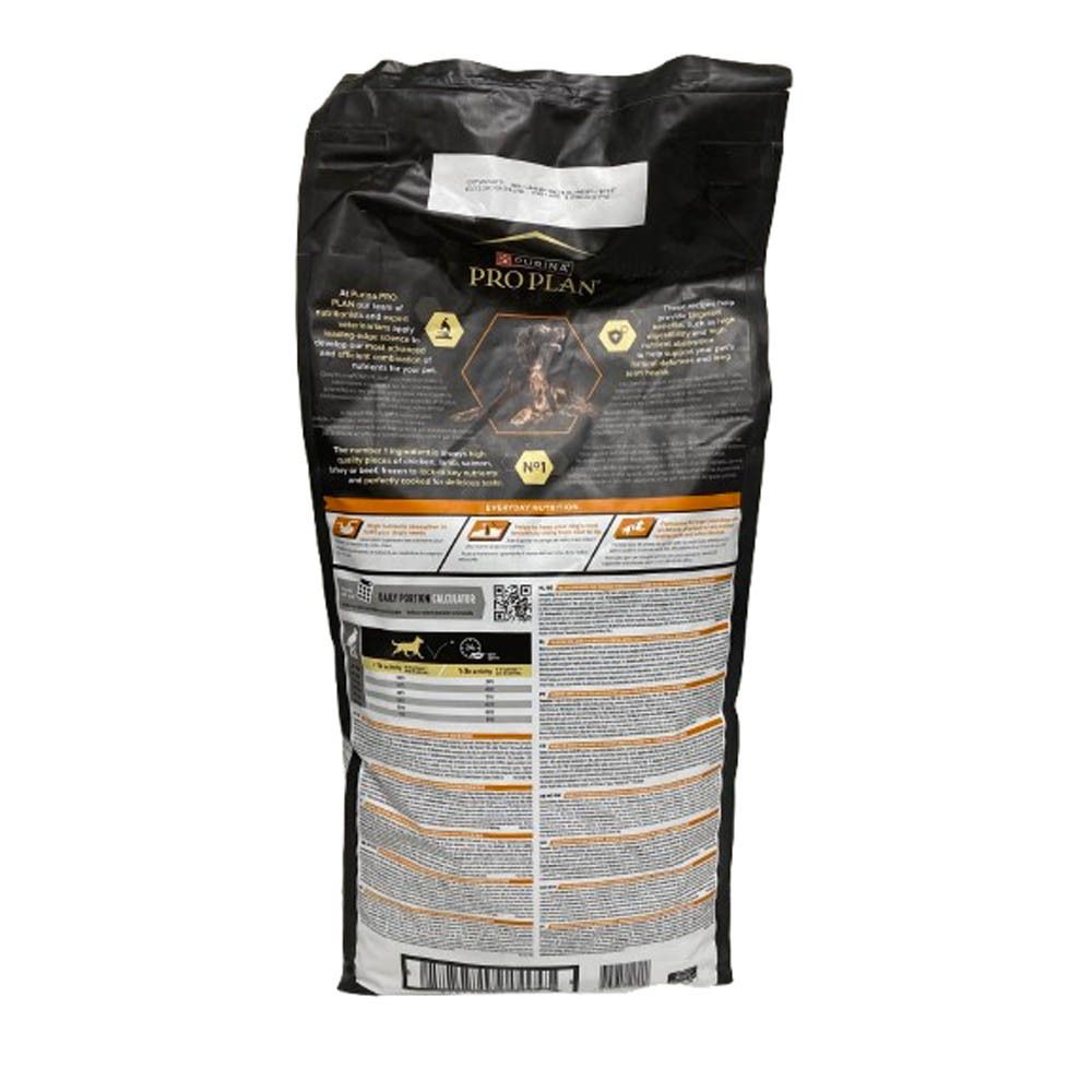 Achterkant van de Purina Pro Plan hondenvoer verpakking. Tekst en informatie over ingrediënten en voedingswaarde. QR-code.