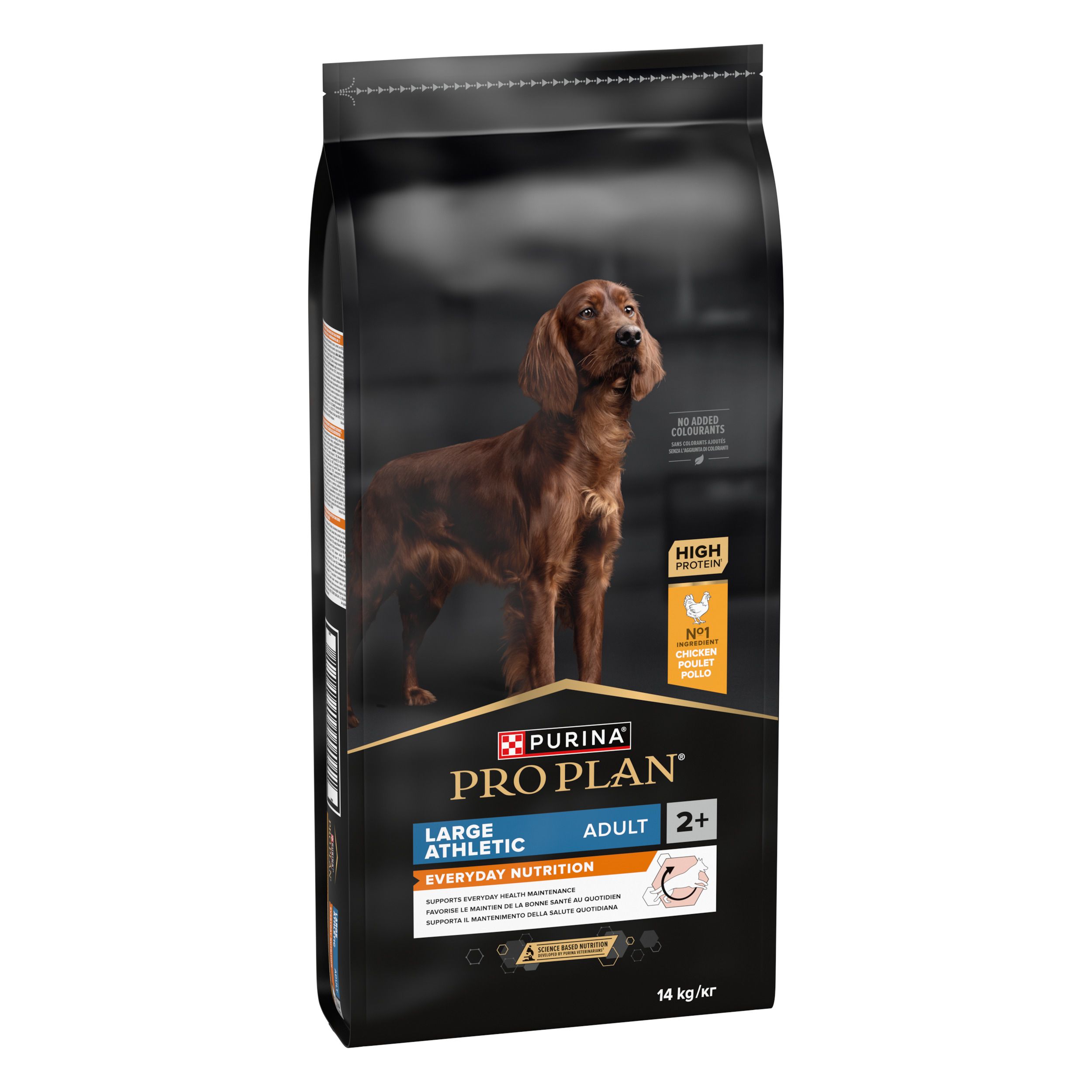 Purina Pro Plan hondenvoer, Large Athletic Adult, Kip. Achterkant van de verpakking met tekst en informatie. QR-code.
