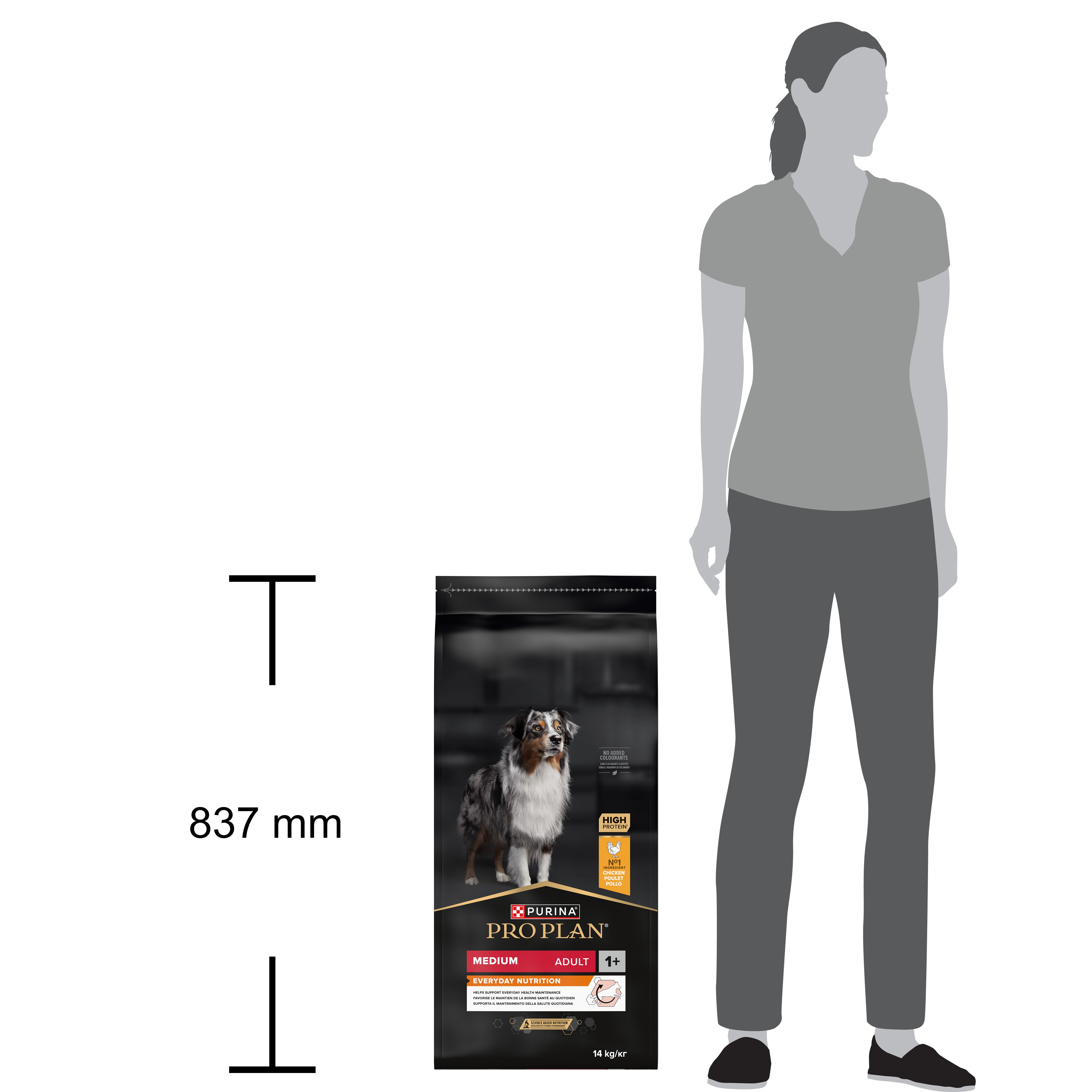 Zwarte verpakking hondenvoer. Opschrift: PRO PLAN, Medium Adult, Everyday Nutrition. Afbeelding van een hond.