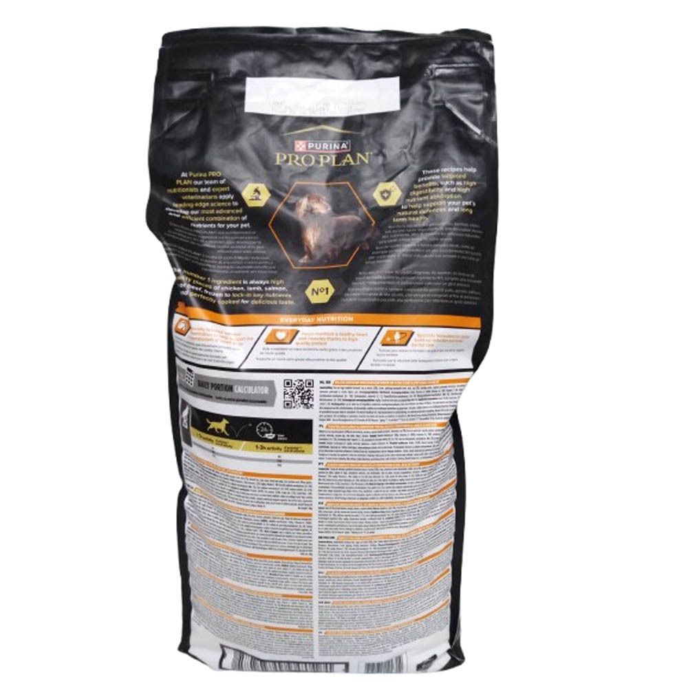 Achterkant van een zwarte zak hondenvoer. Tekst en logo's. PURINA PRO PLAN. Productinformatie.