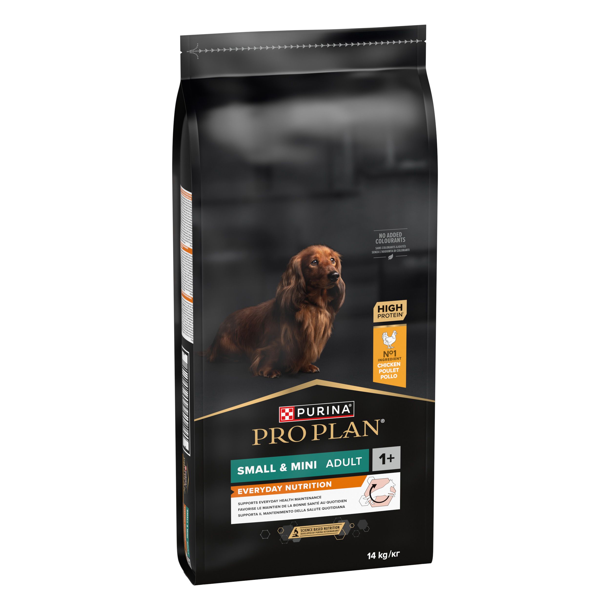 Sac noir de nourriture pour chiens. Inscription : PURINA PRO PLAN SMALL & MINI ADULT. Image d'un chien. 1+.