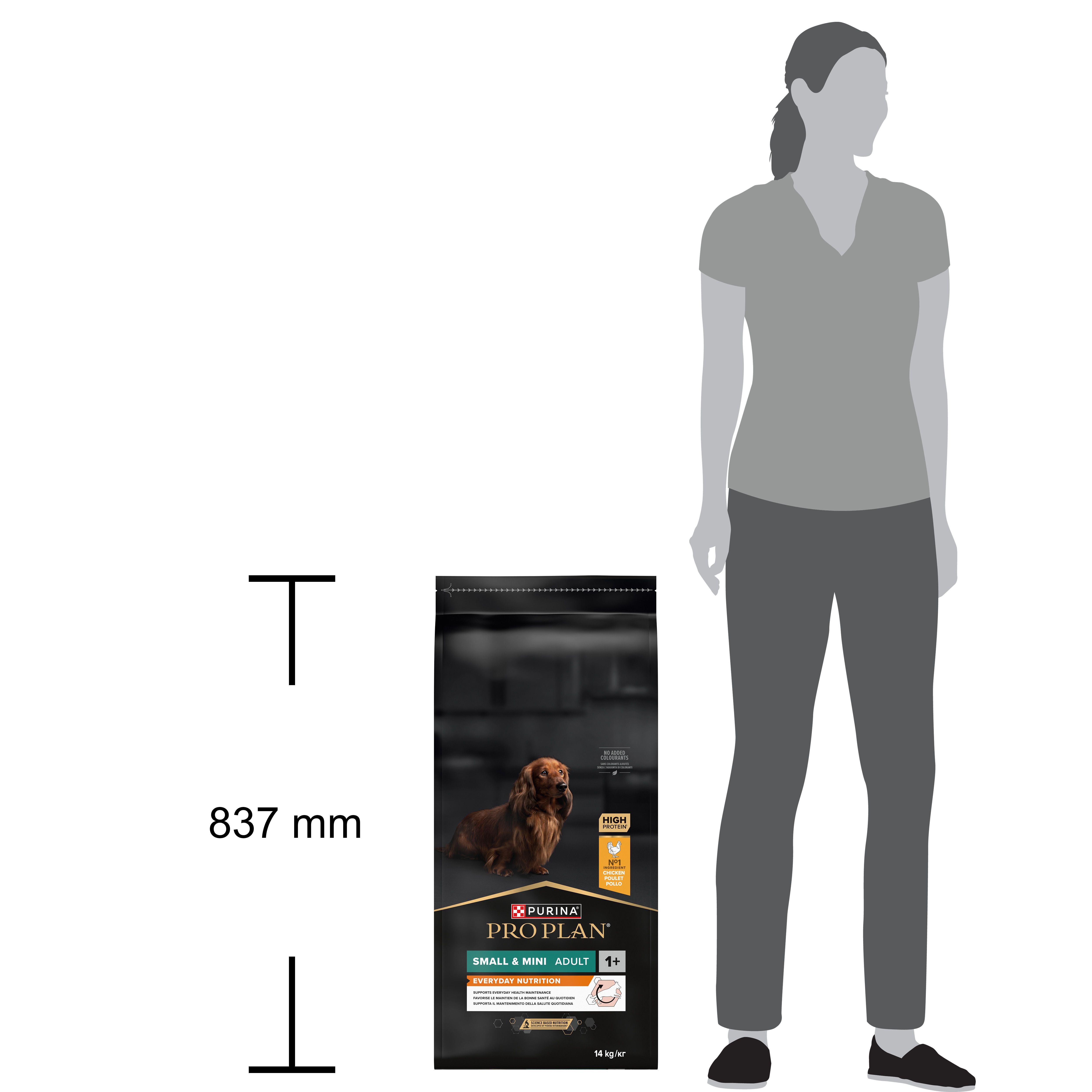 Zwarte zak hondenvoer. Opschrift: PURINA PRO PLAN SMALL & MINI ADULT. Afbeelding van een hond. 1+.