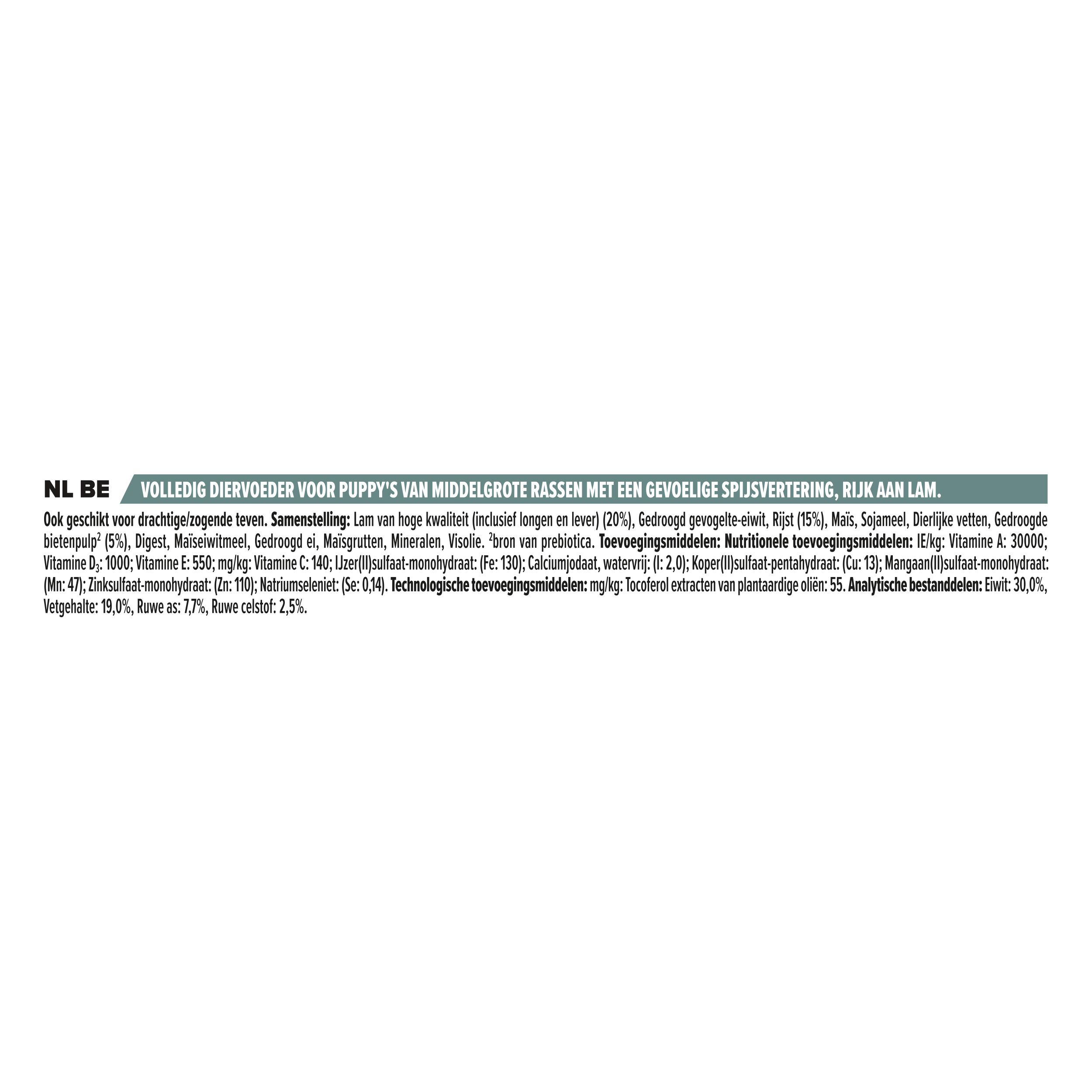 Tekst met ingrediënten en analyse van hondenvoer. Informatie in het Frans.