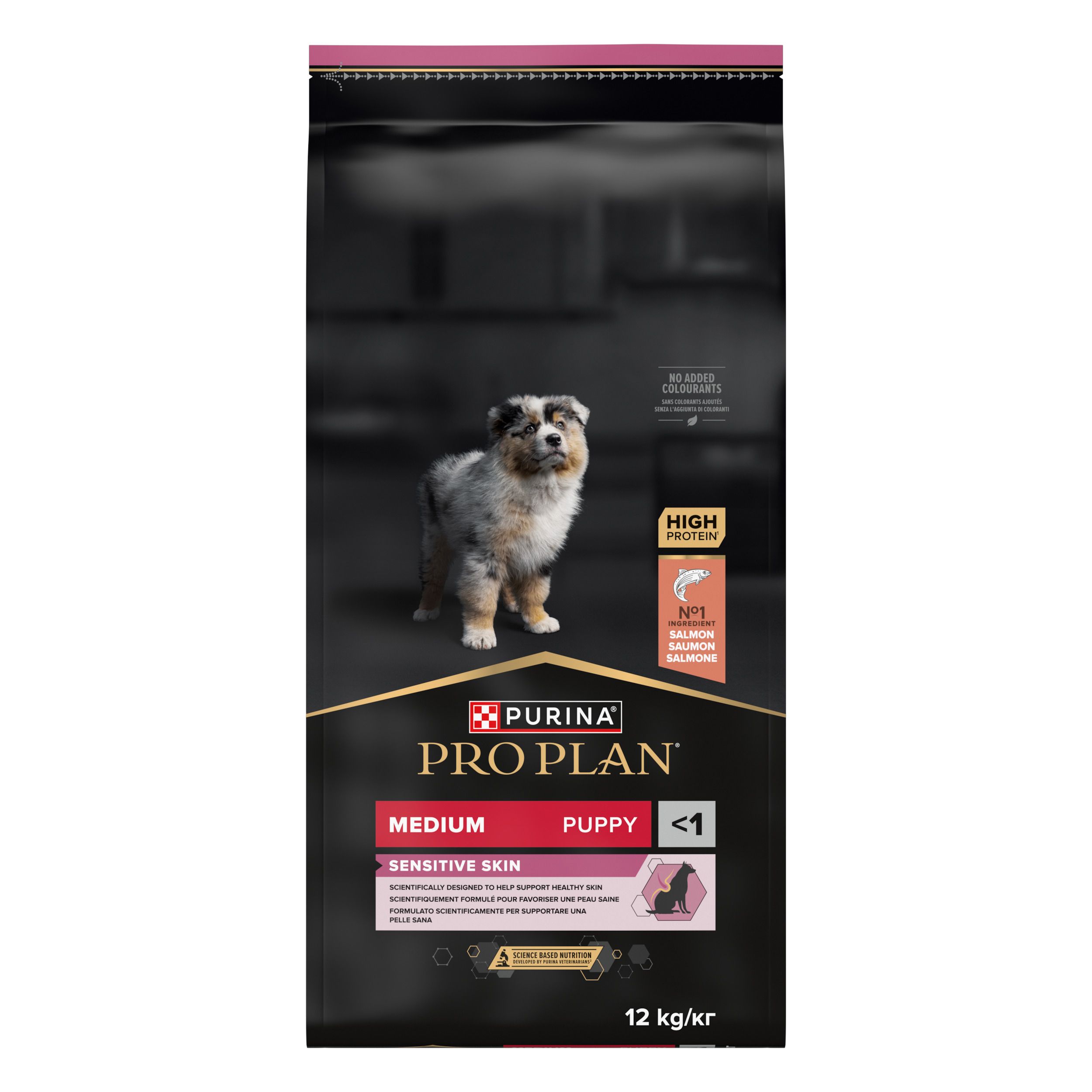 Purina Pro Plan Puppy Medium Sensitive Skin. Zwarte zak met puppy. Bevat zalm. 12 kg.
