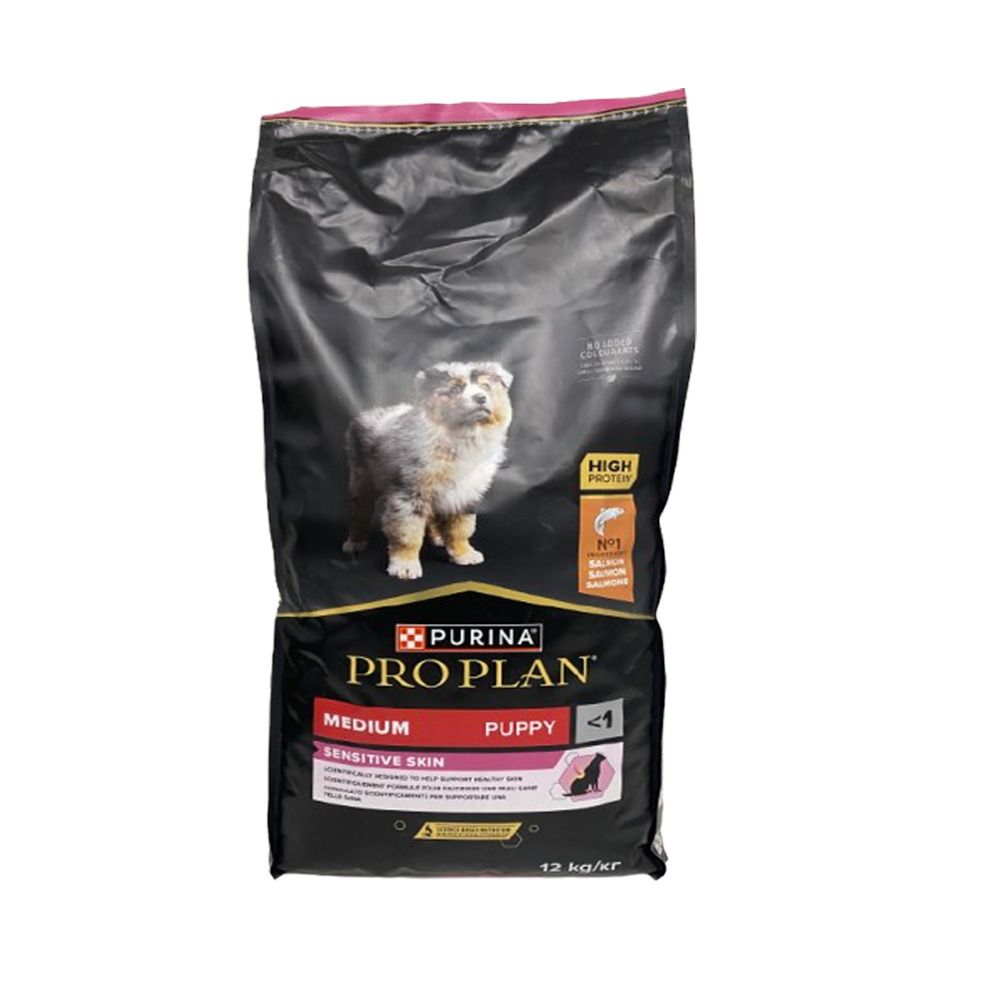 Purina Pro Plan Puppy Medium Sensitive Skin. Sac noir avec chiot. Contient du saumon. 12 kg.