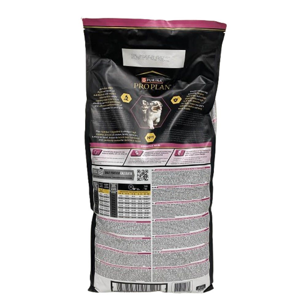 Dos du sac Purina Pro Plan Puppy Medium Sensitive Skin. Texte et informations nutritionnelles.