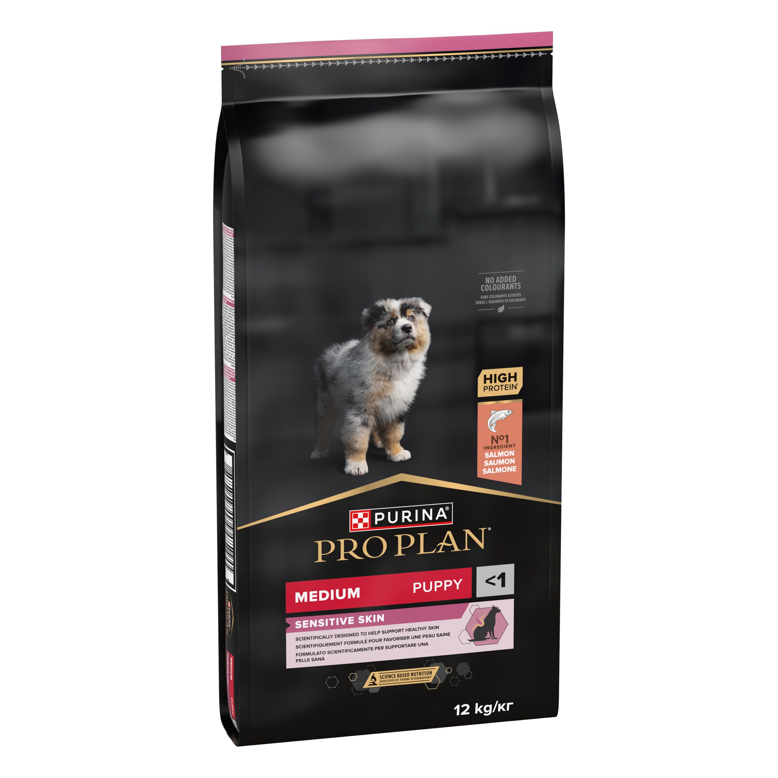 Purina Pro Plan Puppy Medium Sensitive Skin. Zwarte zak met puppy. Bevat zalm. 12 kg.