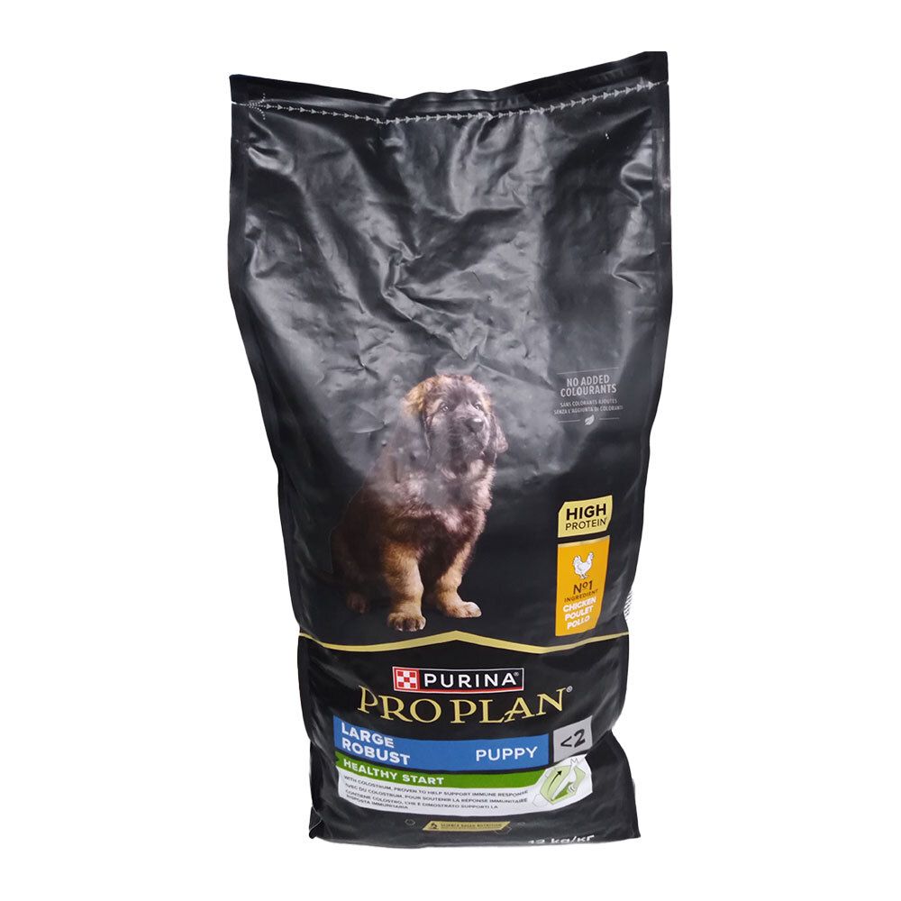 Sac noir de nourriture pour chiens. Inscription : PRO PLAN LARGE ROBUST PUPPY. Image d'un chiot. High Protein.