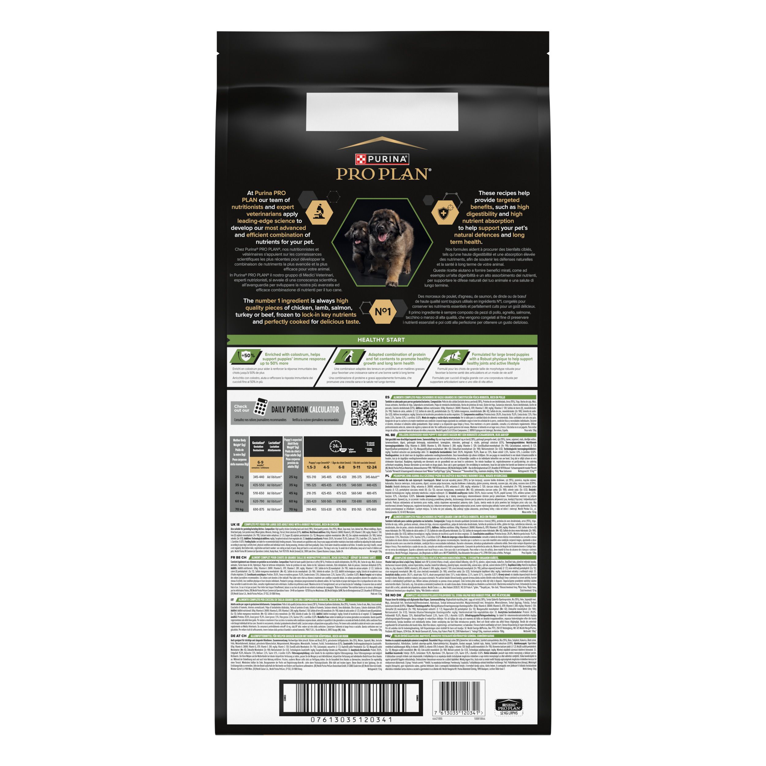 Achterkant van de hondenvoerzak. Tekst en afbeeldingen. PRO PLAN logo. Voedings- en ingrediënteninformatie.