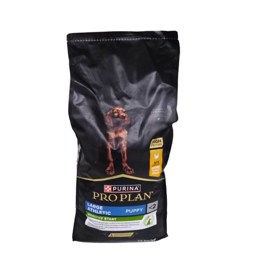 Sac noir de nourriture pour chiens. Inscription : Purina Pro Plan, Large Athletic Puppy, Healthy Start. Image d'un chien.