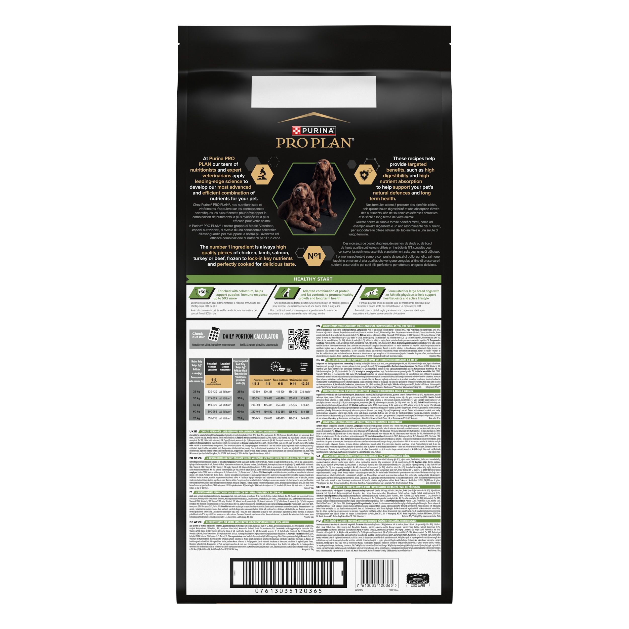 Achterkant van de hondenvoerzak. Tekstinformatie, QR-code en voedingswaarde. Zwarte achtergrond.