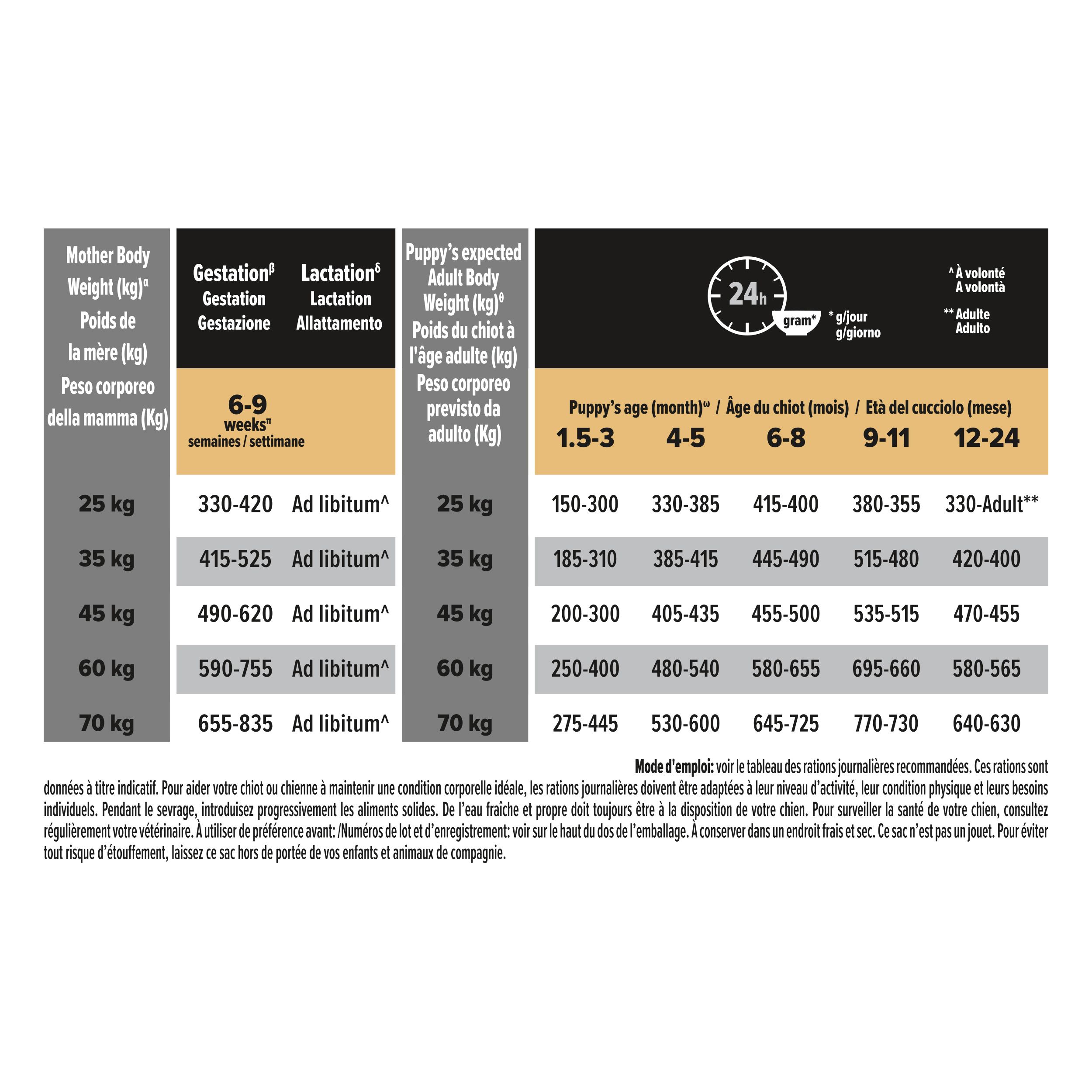 Tableau avec recommandations d'alimentation pour chiens. Informations sur le poids et l'âge du chien. Différentes langues.