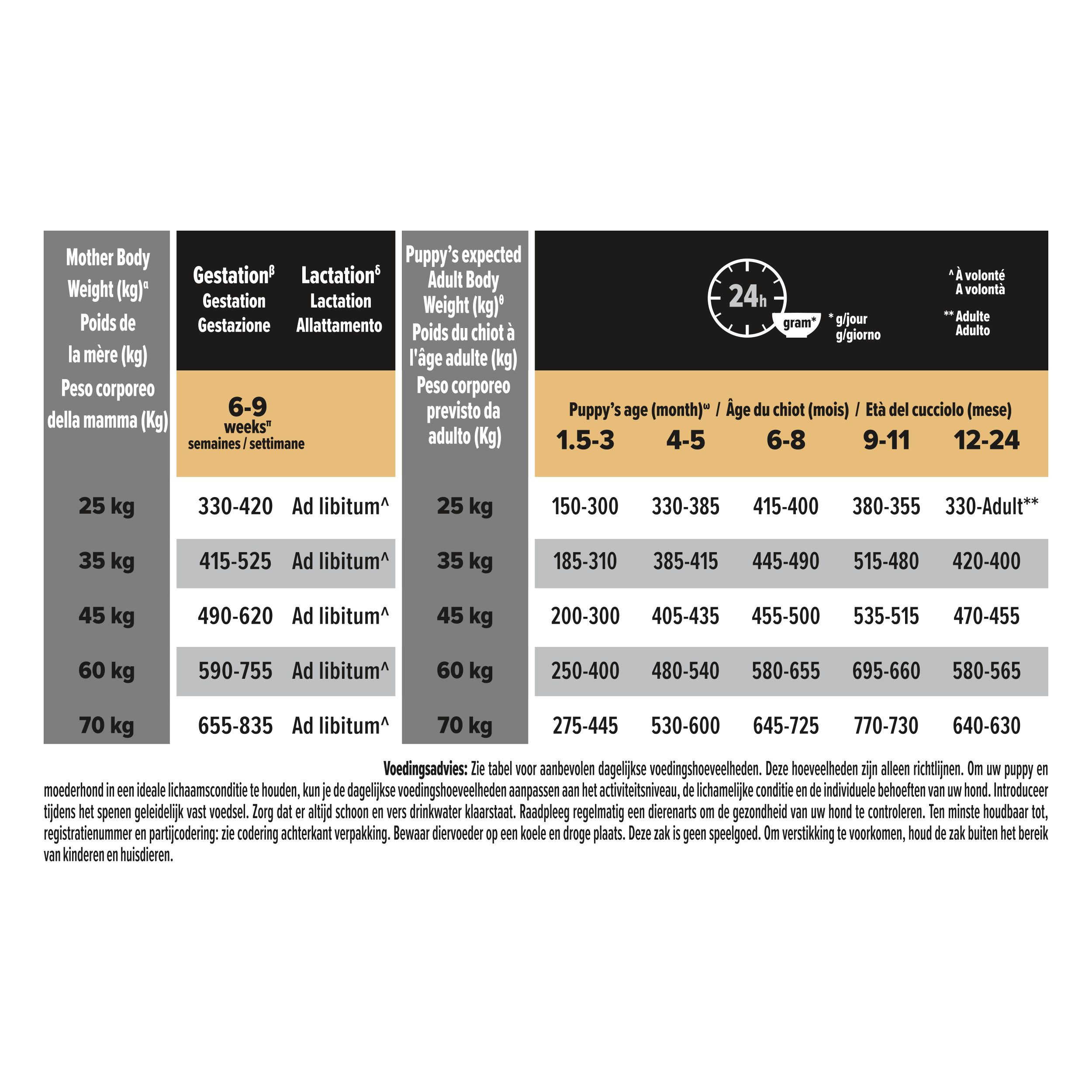 Tabel met voedingsaanbevelingen voor honden. Informatie over gewicht en leeftijd van de hond. Verschillende talen.