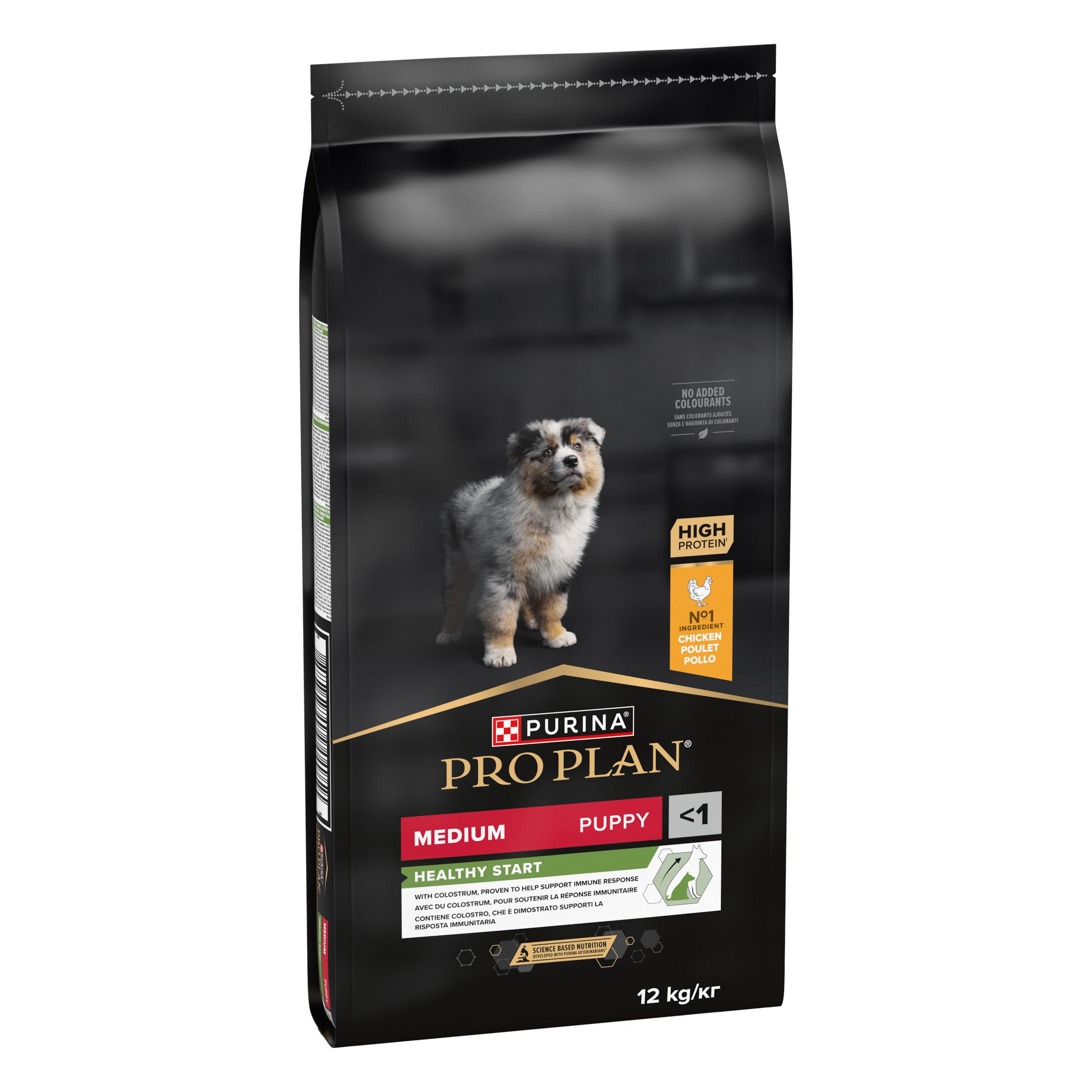 Emballage noir avec chien. Inscription: PRO PLAN, MEDIUM, PUPPY, HEALTHY START. 12 kg/kr. Au poulet.