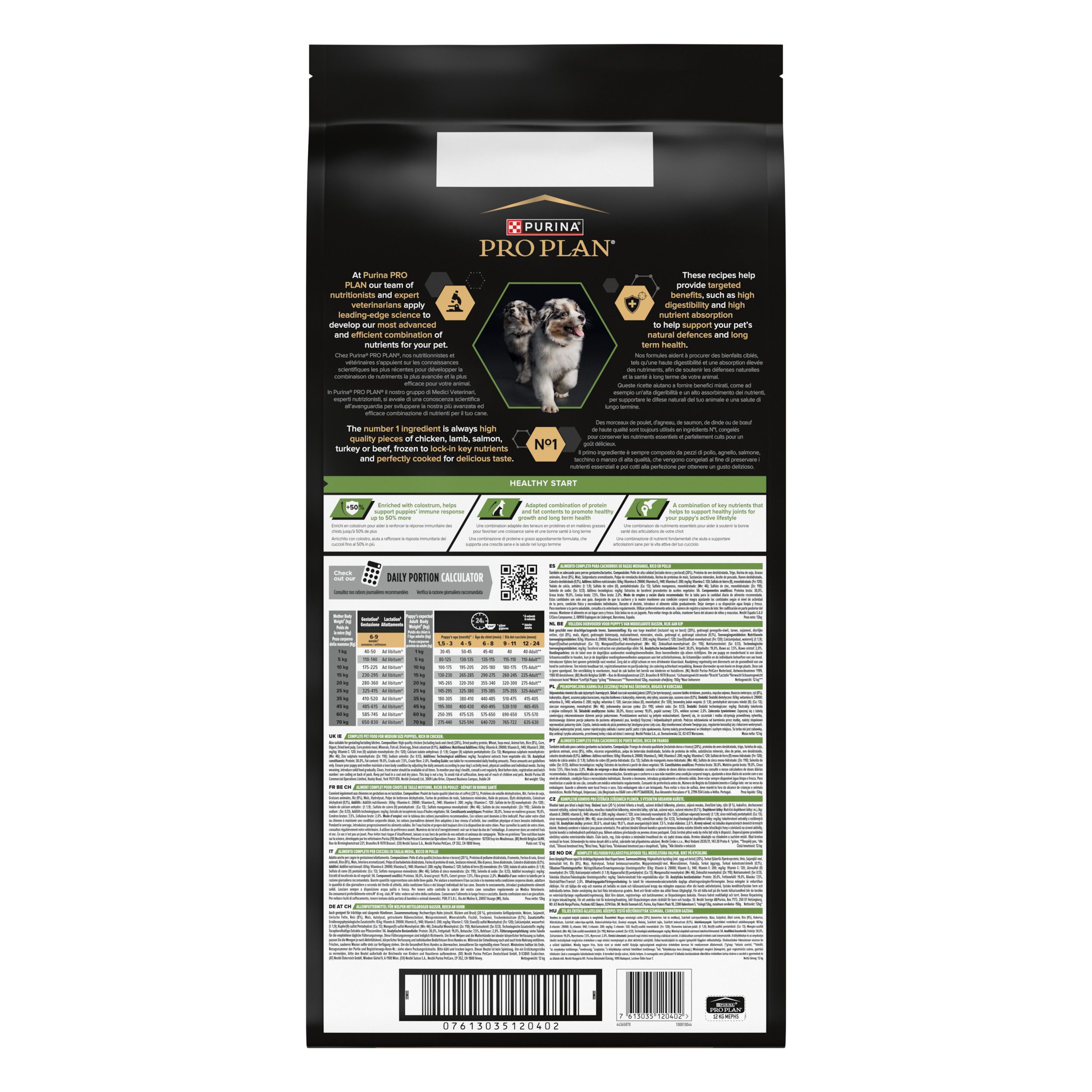 Achterkant van de verpakking. Meertalige tekst. Bevat informatie over ingrediënten en voedingsaanbevelingen.