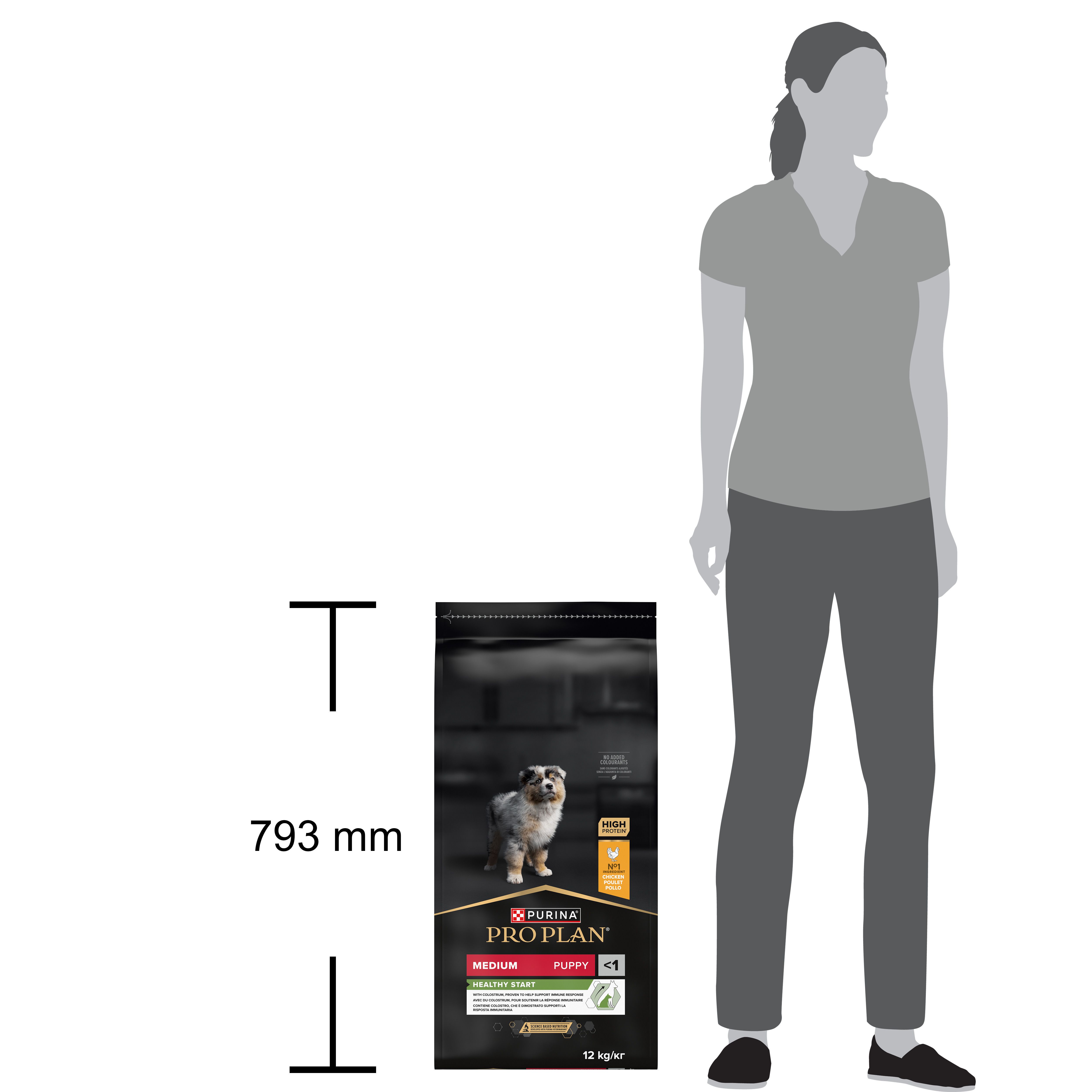 Emballage à côté d'une femme. Hauteur 793 mm. Inscription: PRO PLAN, MEDIUM, PUPPY, HEALTHY START. 12 kg/kr.