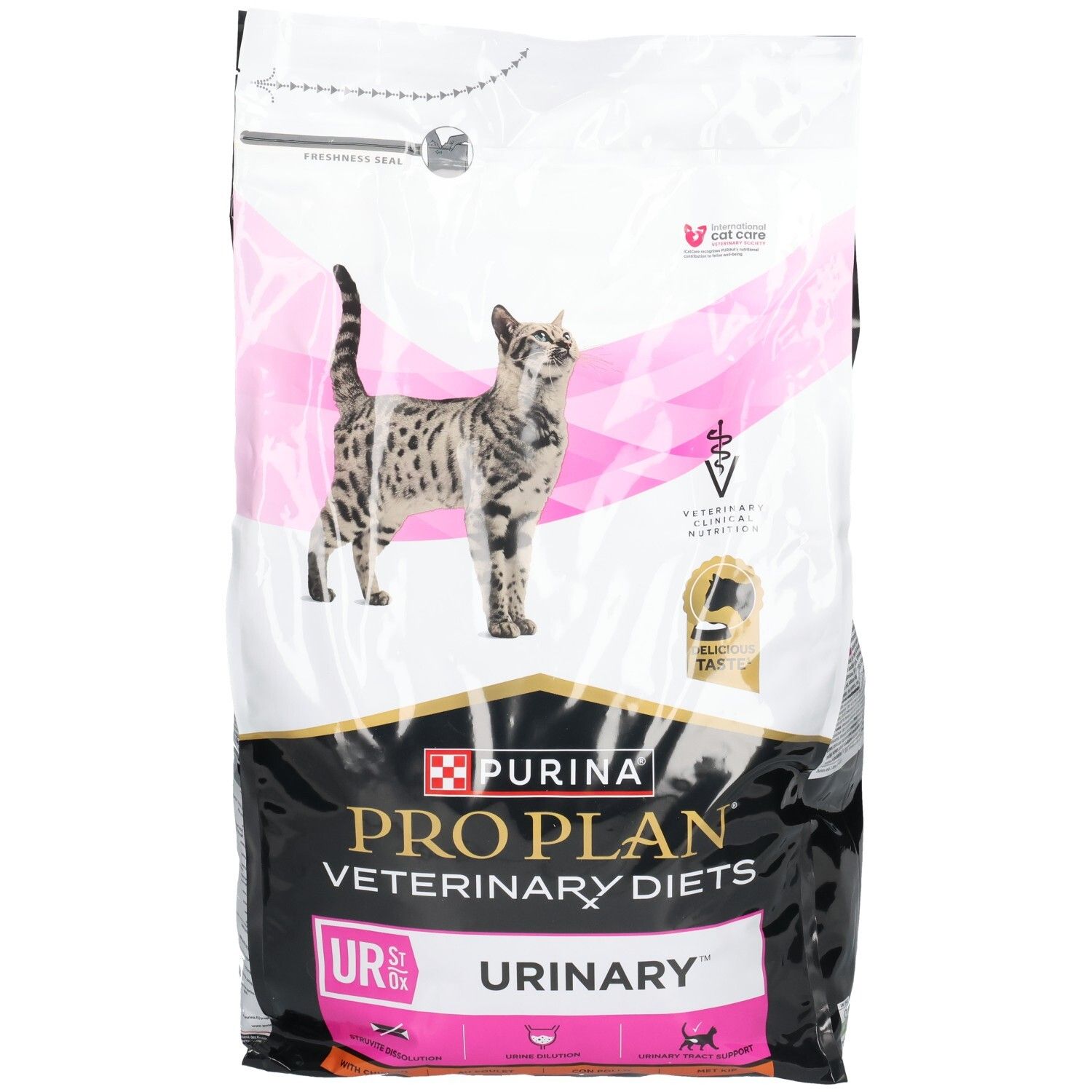 Zak Purina Pro Plan Veterinary Diets Feline UR Urinary droogvoer. Afbeelding van een kat. Bevat het logo voor veterinaire voeding.