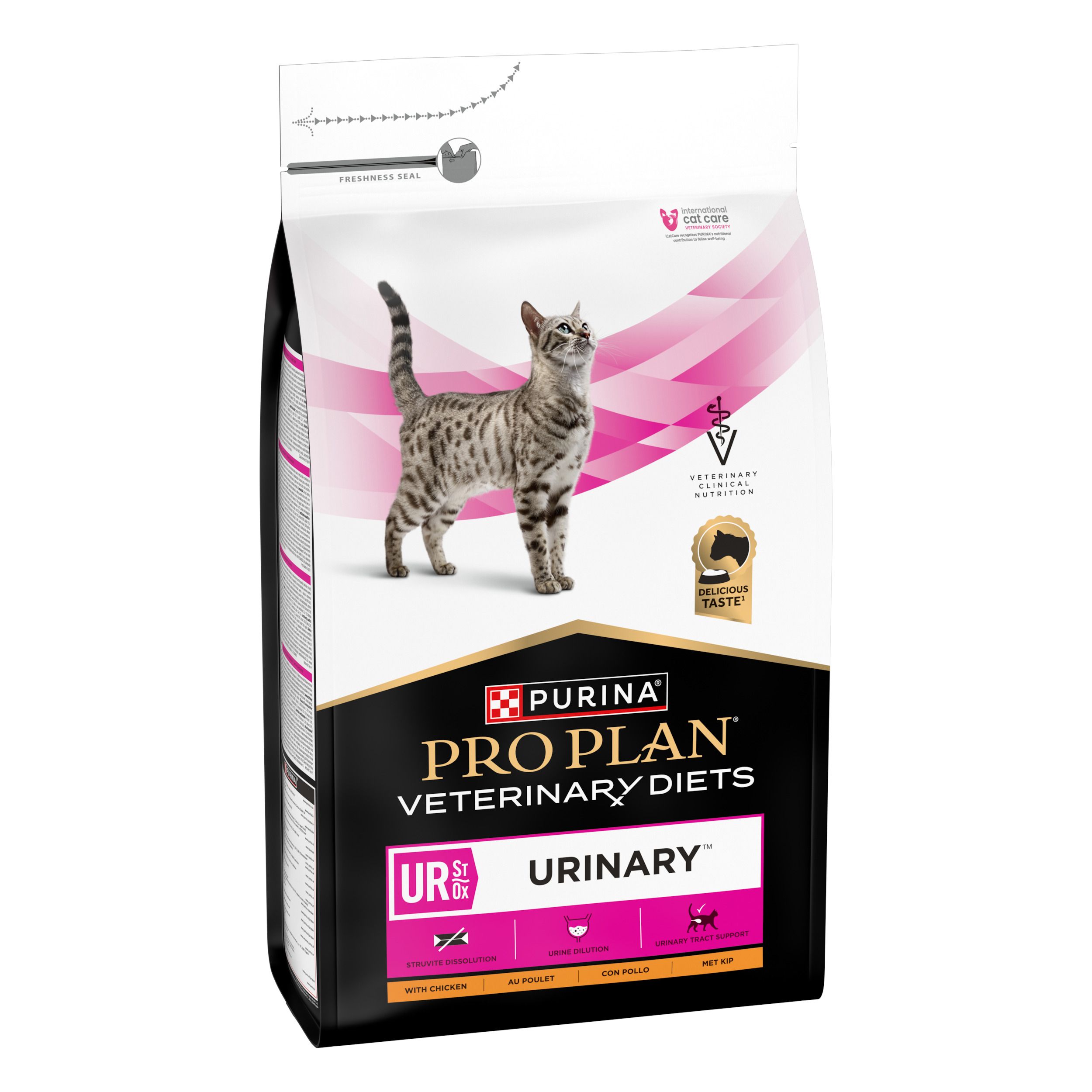 Sac de nourriture sèche Purina Pro Plan Veterinary Diets Feline UR Urinary. Image d'un chat. Contient le logo de la nutrition vétérinaire.