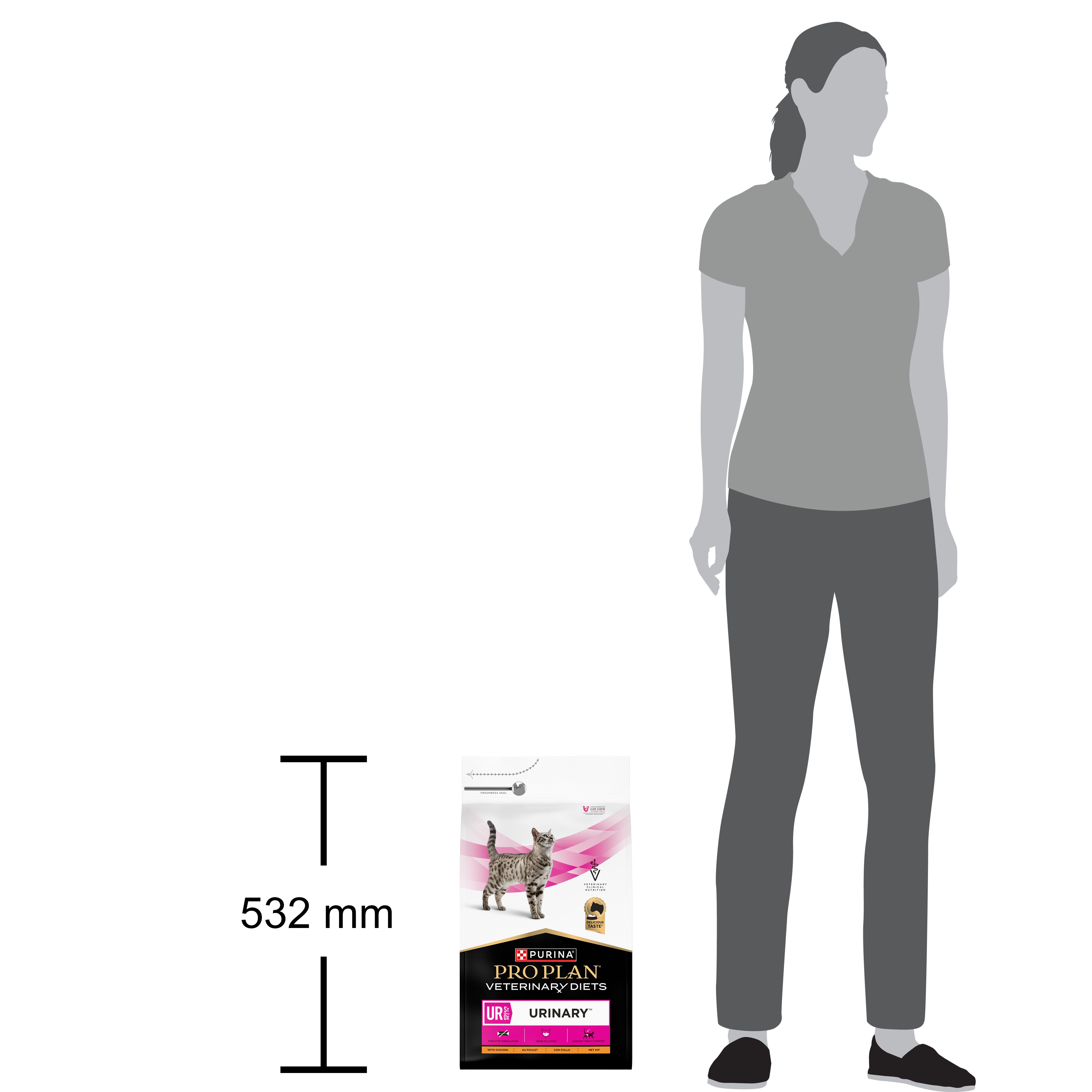 Emballage avec recommandations d'alimentation. Montre les quantités pour chats de 2 kg à plus de 5 kg. Contient des informations.