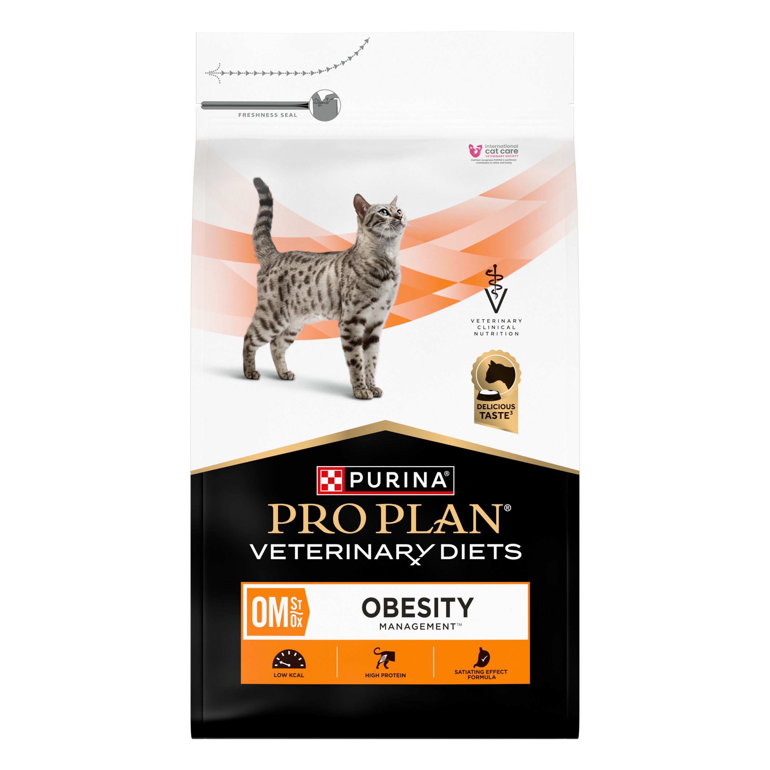 Zak kattenvoer. Merk: Purina Pro Plan Veterinary Diets. Opschrift: OM Obesity Management. Afbeelding van een kat.