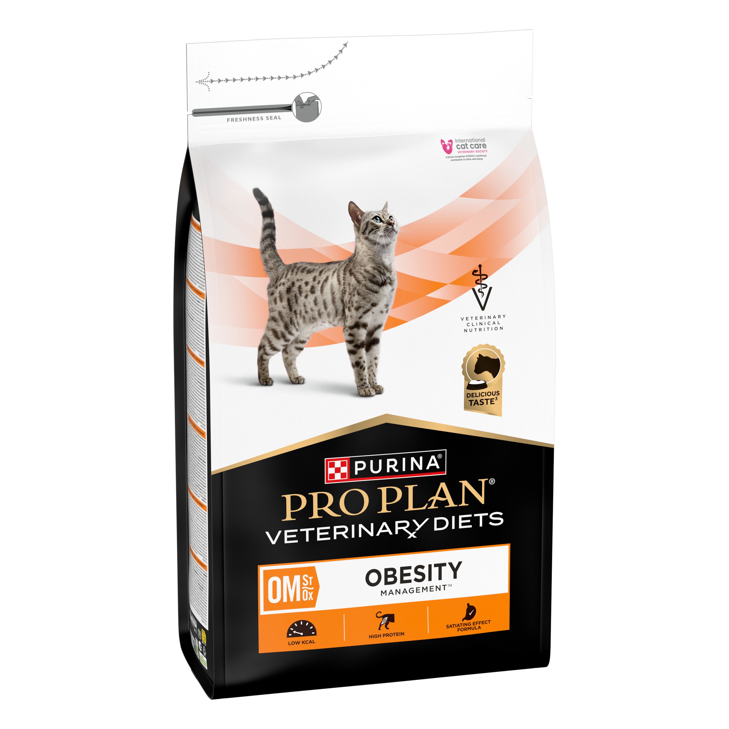 Sac de nourriture pour chats. Marque : Purina Pro Plan Veterinary Diets. Inscription : OM Obesity Management. Image d'un chat.