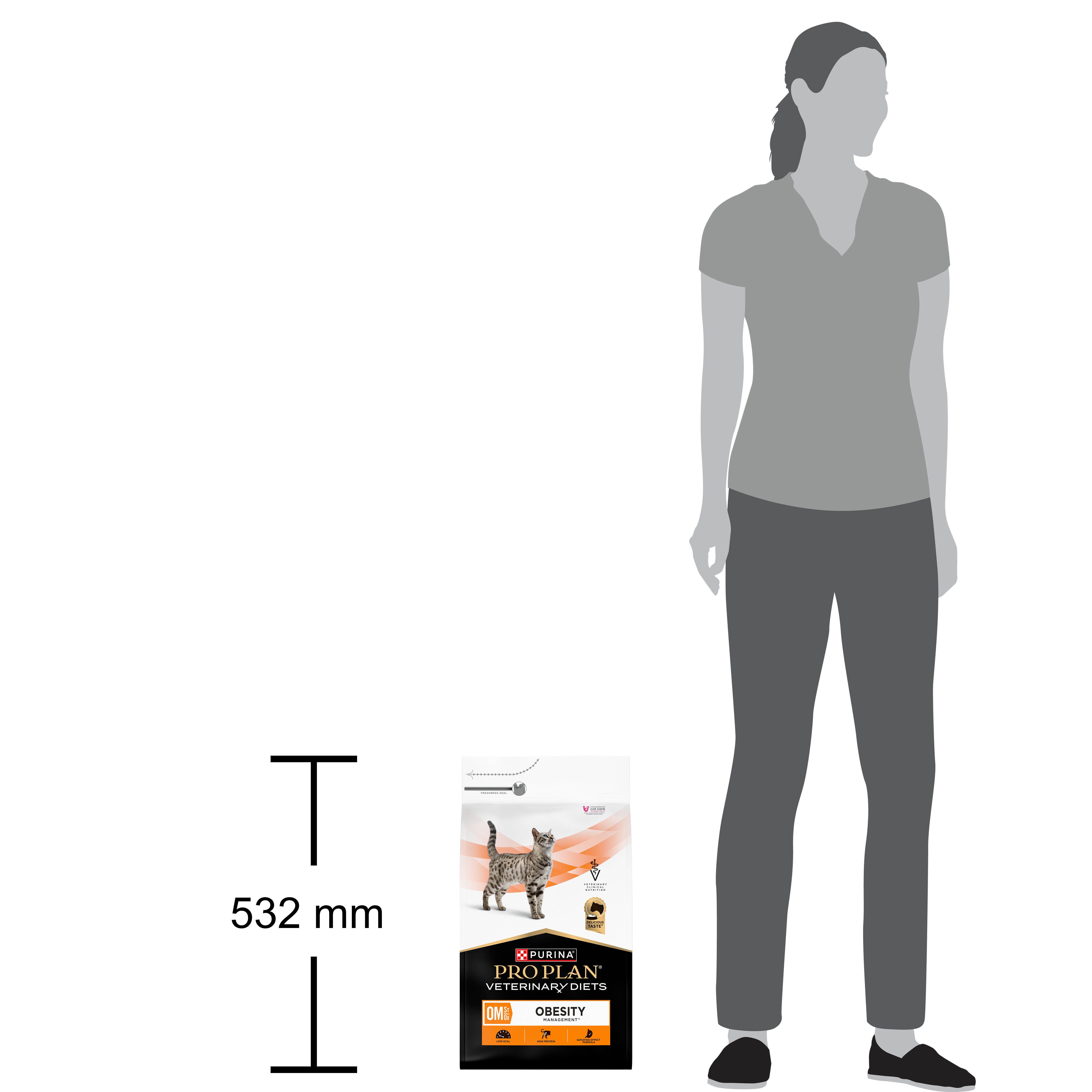 Sac de nourriture pour chats. Marque : Purina Pro Plan Veterinary Diets. Inscription : OM Obesity Management. Image d'un chat.