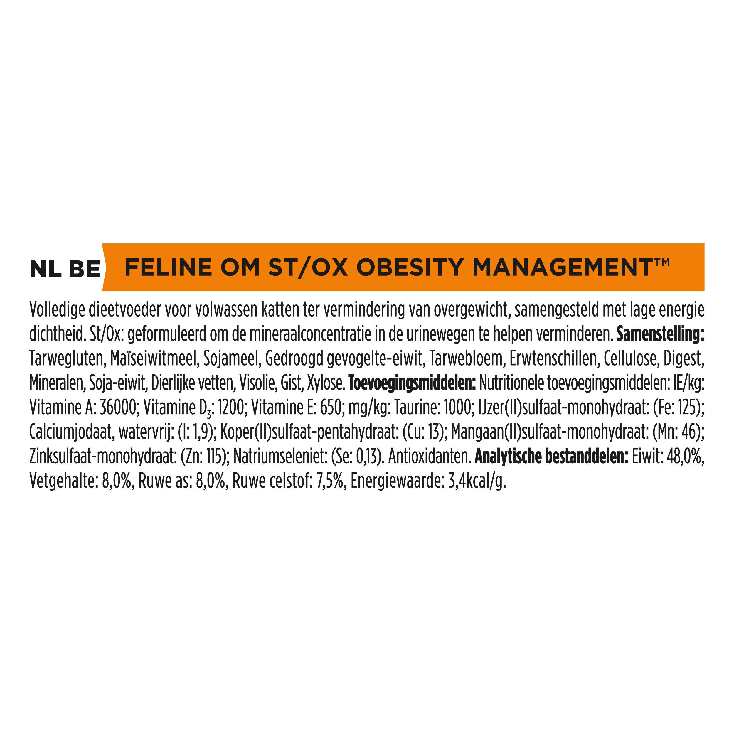 Tekst over de samenstelling van kattenvoer. Merk: Purina Pro Plan Veterinary Diets. Product: OM Obesity Management.