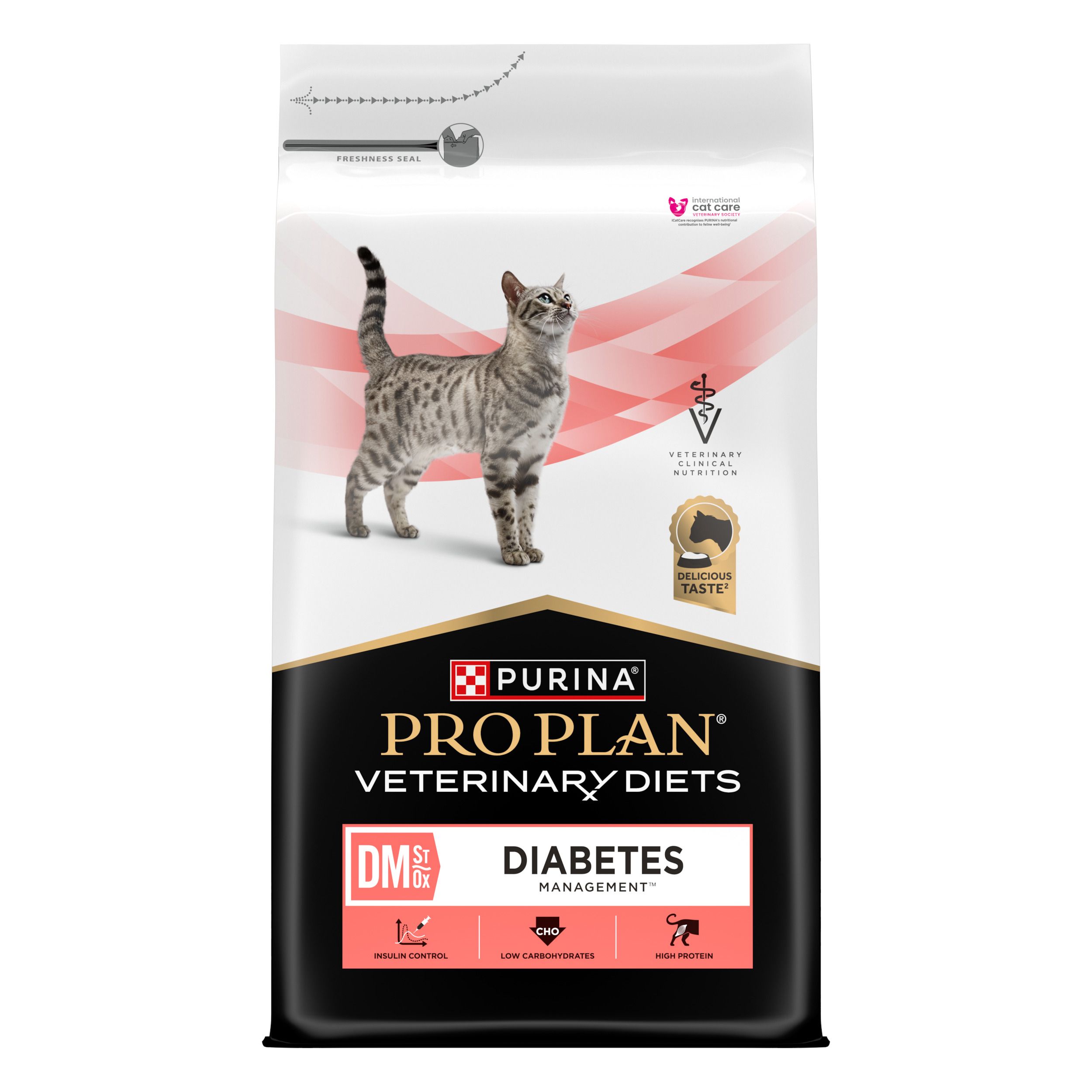 Sac de nourriture sèche pour chats. Inscription : PRO PLAN VETERINARY DIETS DM DIABETES MANAGEMENT. Image d'un chat.