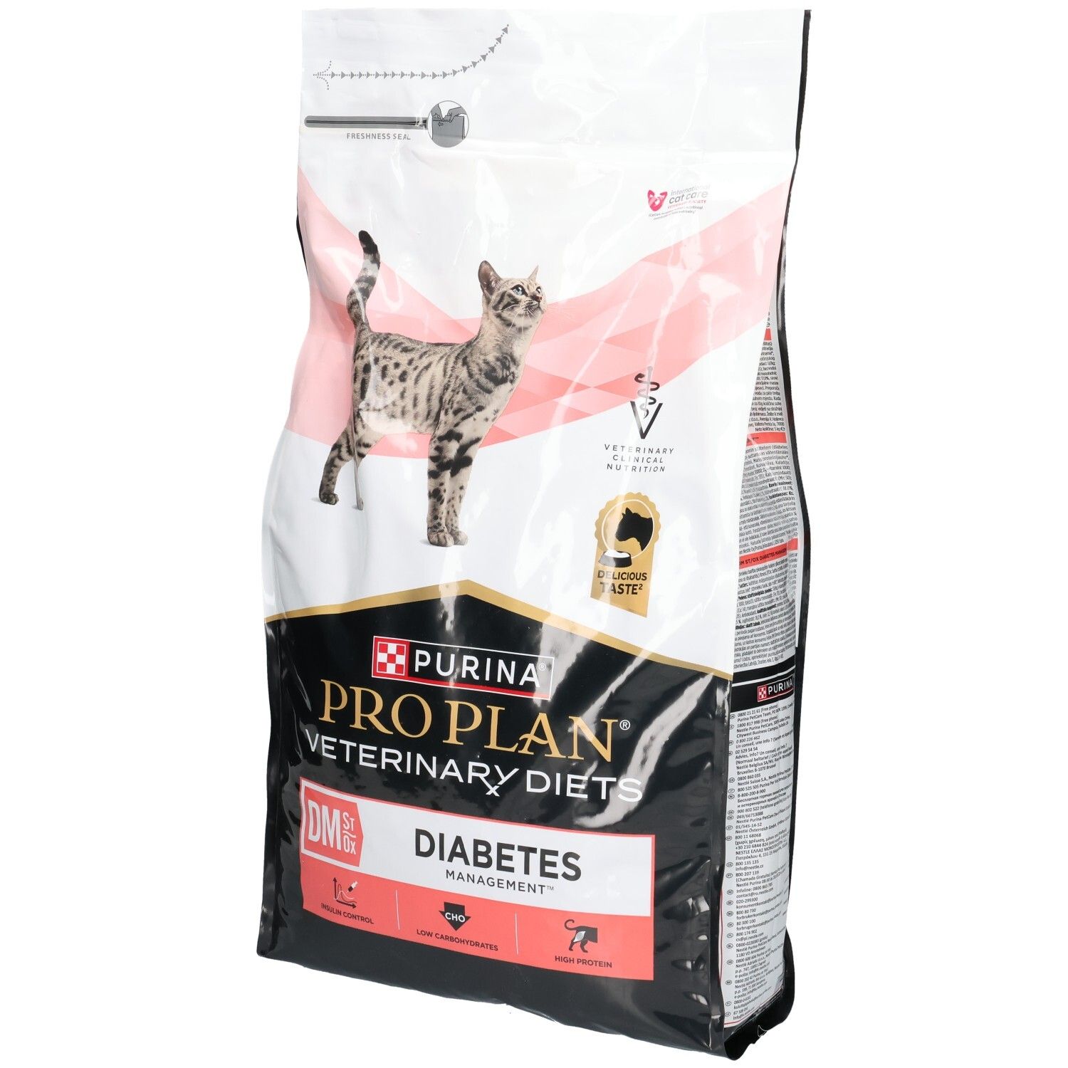 Zak droogvoer voor katten. Opschrift: PRO PLAN Veterinary Diets DM Diabetes Management. Afbeelding van een kat.