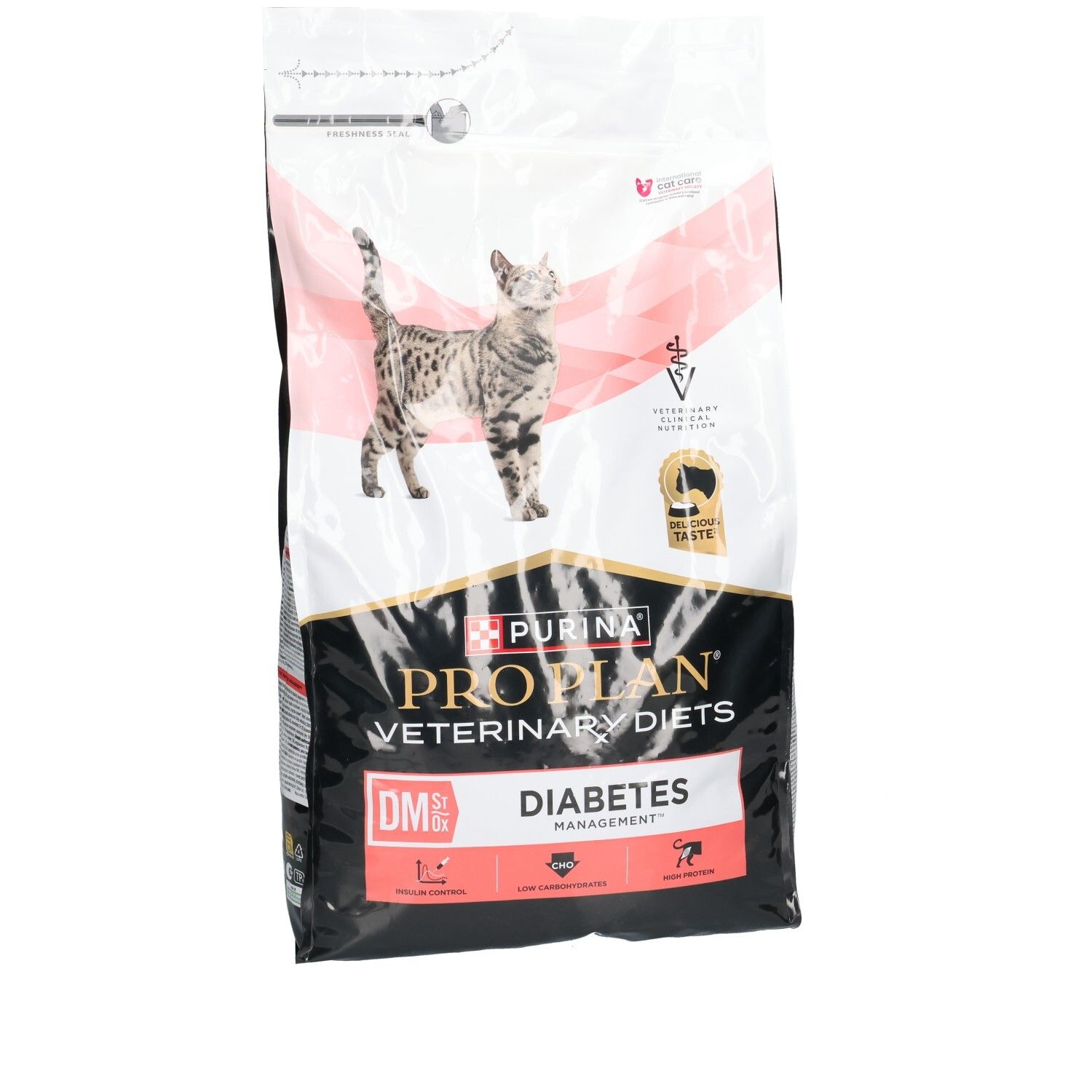 Zak droogvoer voor katten. Opschrift: PRO PLAN Veterinary Diets DM Diabetes Management. Afbeelding van een kat.