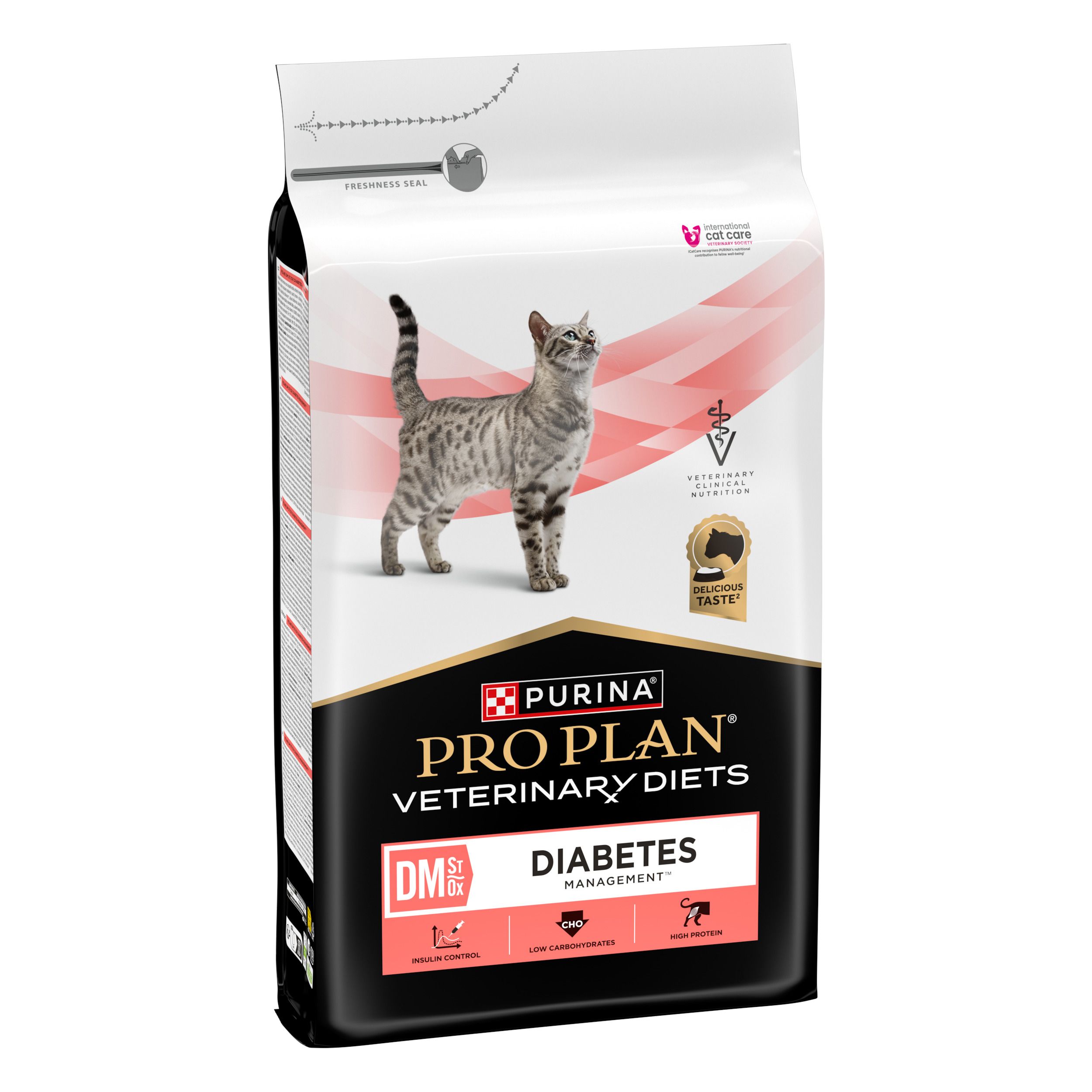 Zak droogvoer voor katten. Opschrift: PRO PLAN VETERINARY DIETS DM DIABETES MANAGEMENT. Afbeelding van een kat.