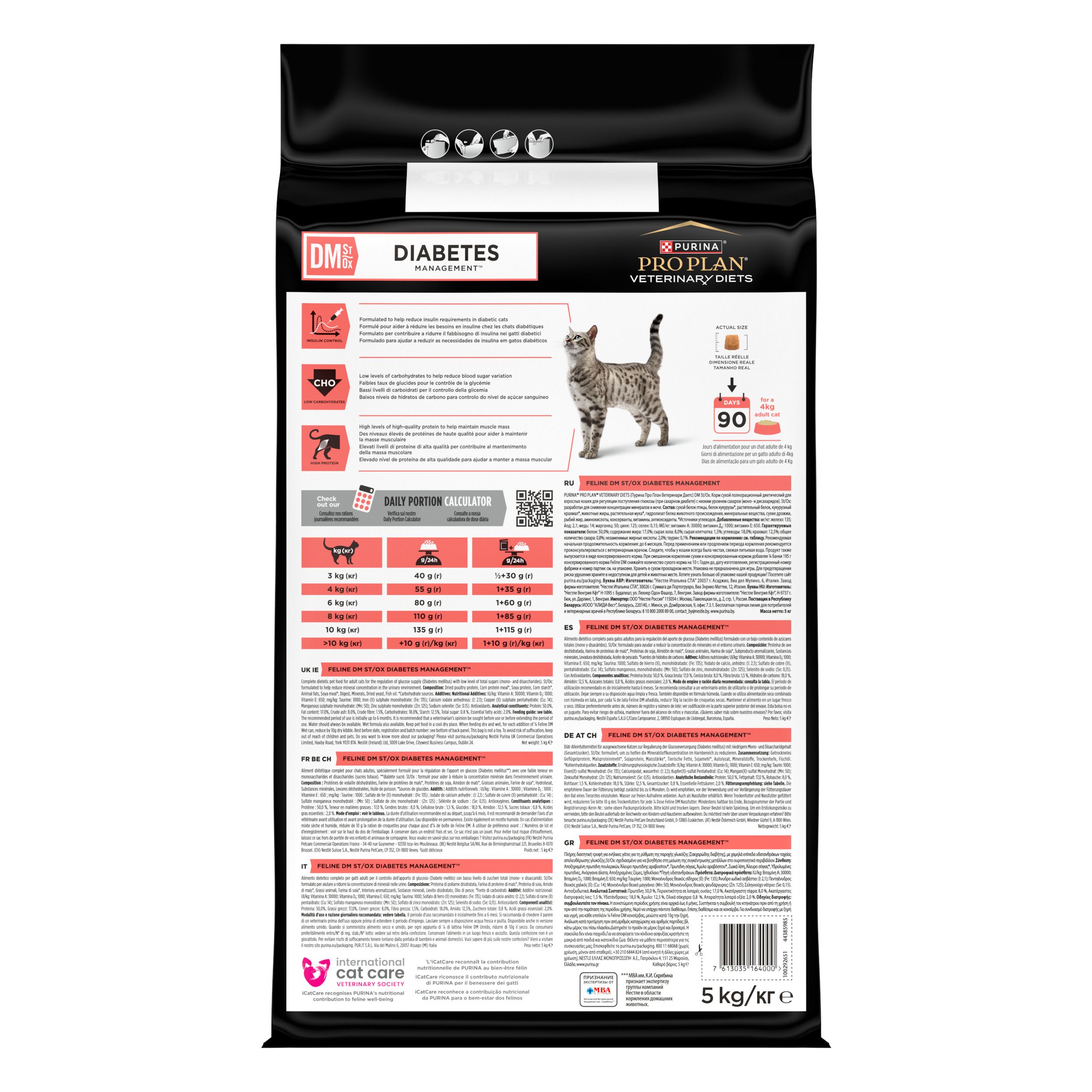 Dos du sac de nourriture. Informations textuelles et image d'un chat. Inscription : PRO PLAN VETERINARY DIETS.