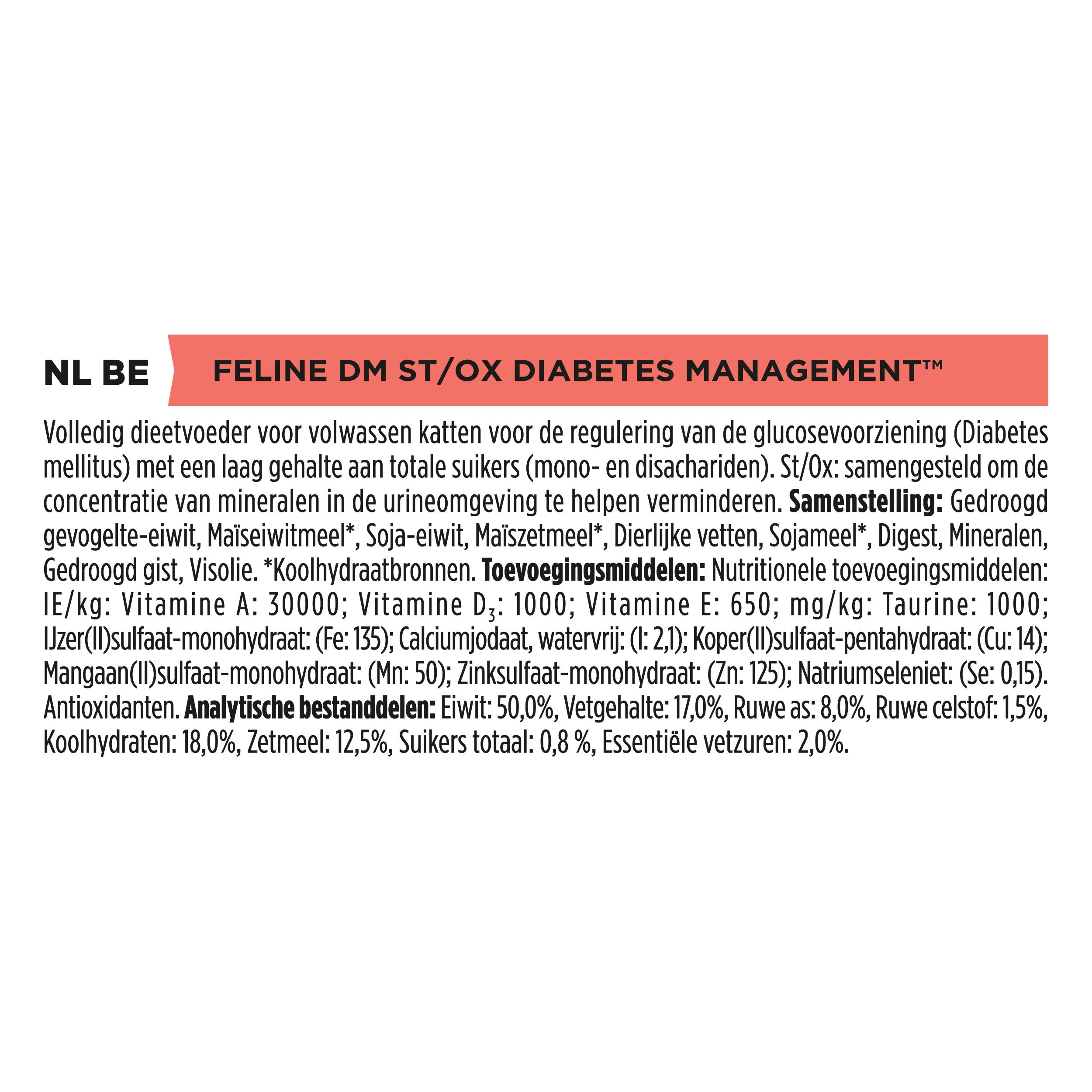 Tekstinformatie over kattenvoer Feline DM ST/OX DIABETES MANAGEMENT. Samenstelling en analyse.