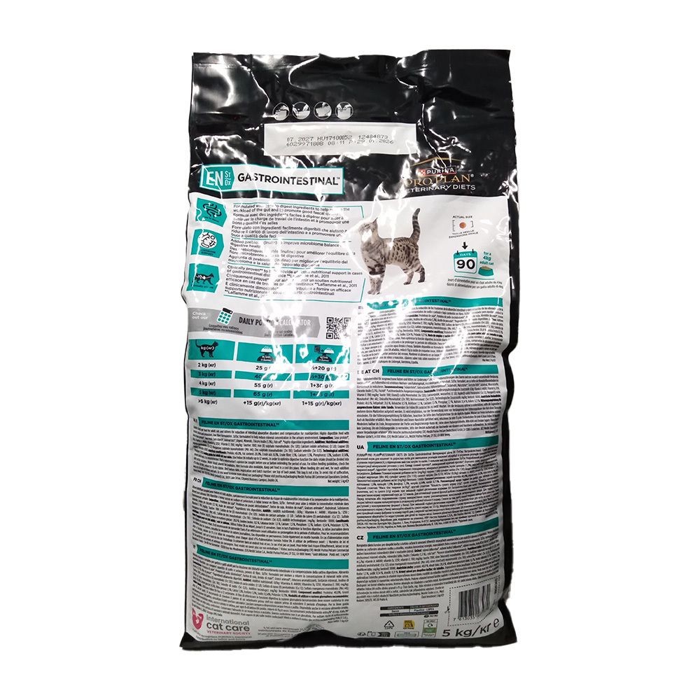 Arrière d'un sac de 5kg de croquettes Pro Plan Veterinary Diets Feline EN Gastrointestinal avec instructions de nourrissage.
