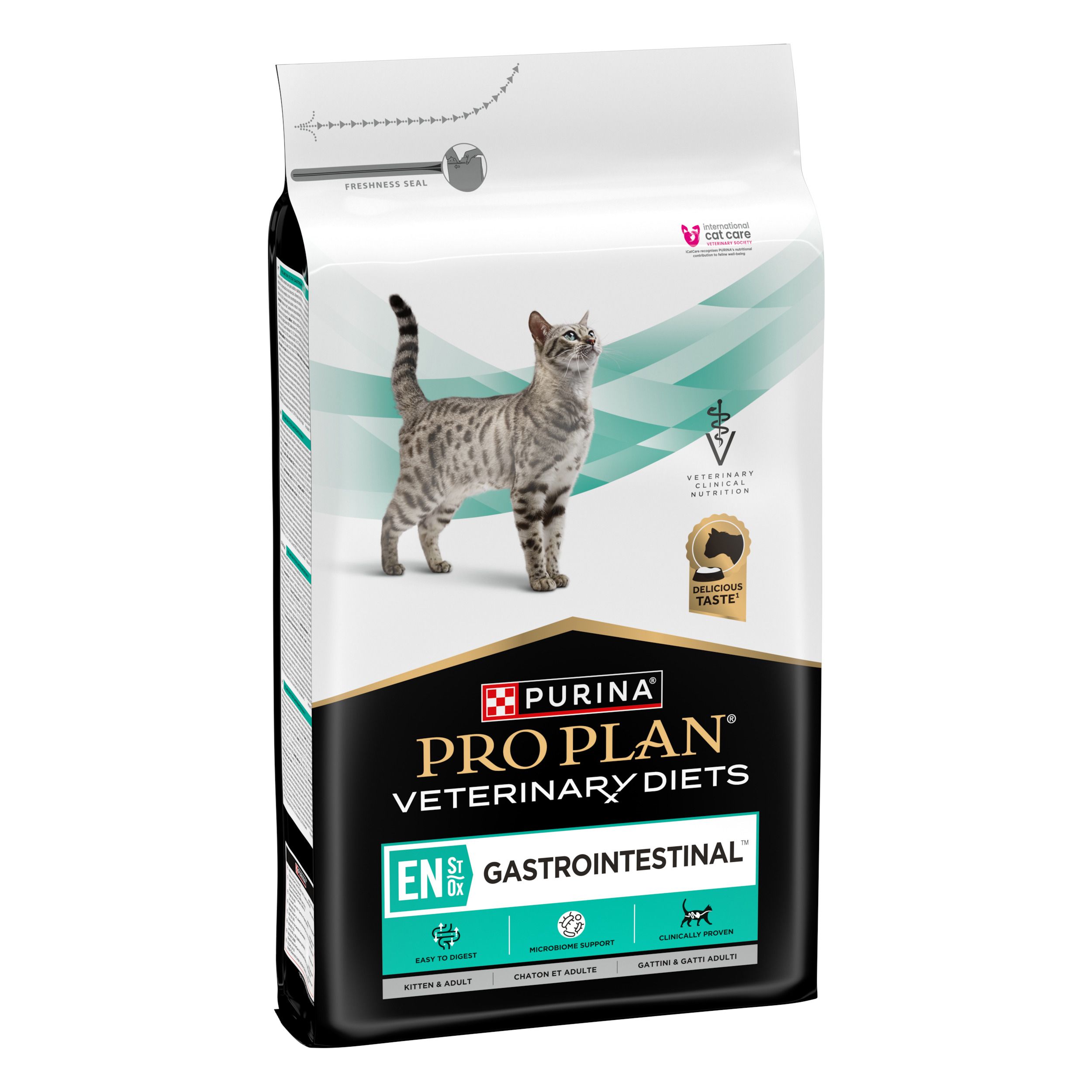 Achterkant van een 5kg zak Pro Plan Veterinary Diets Feline EN Gastrointestinal kattenvoer met voederinstructies.