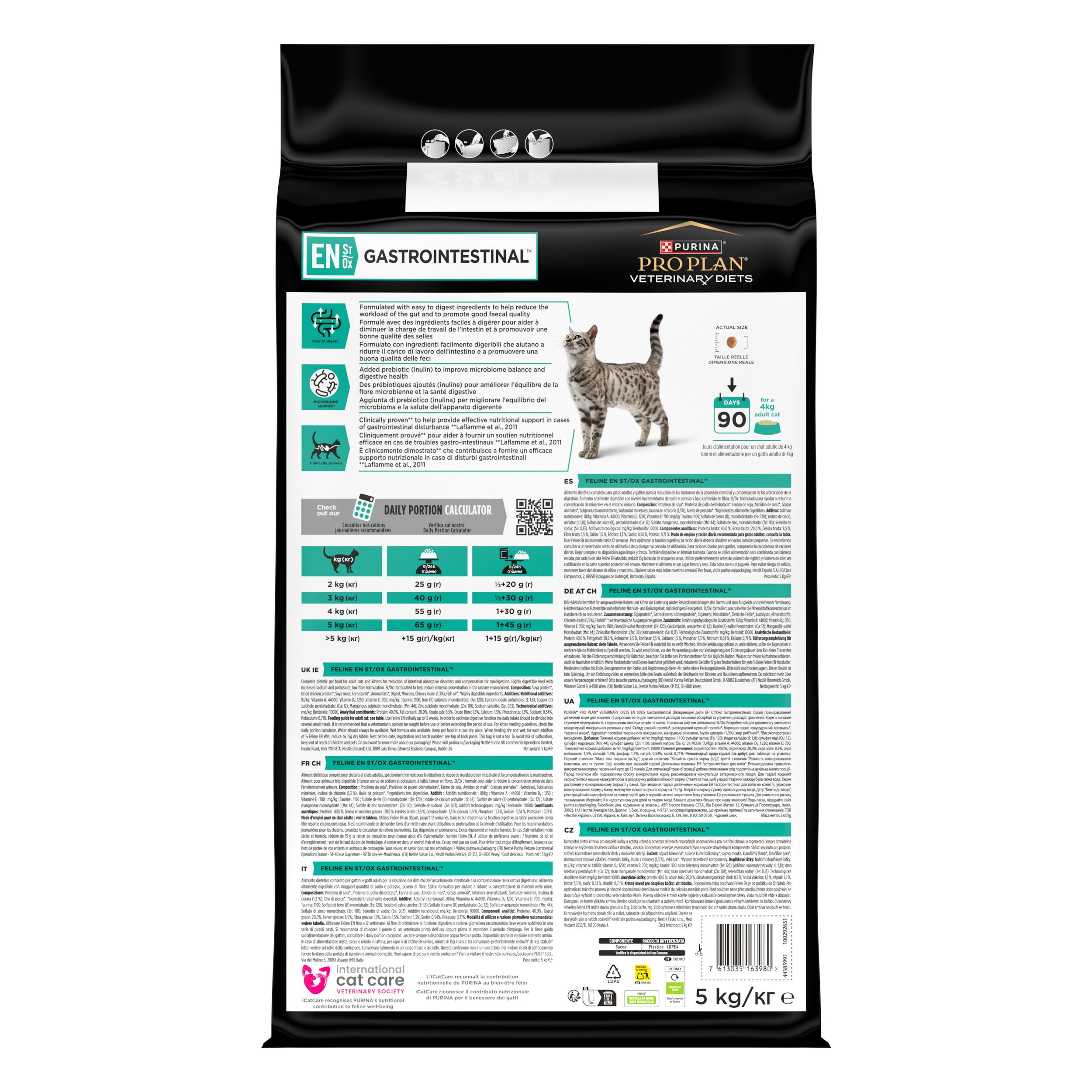 Voorkant van een 5kg zak Pro Plan Veterinary Diets Feline EN Gastrointestinal kattenvoer.