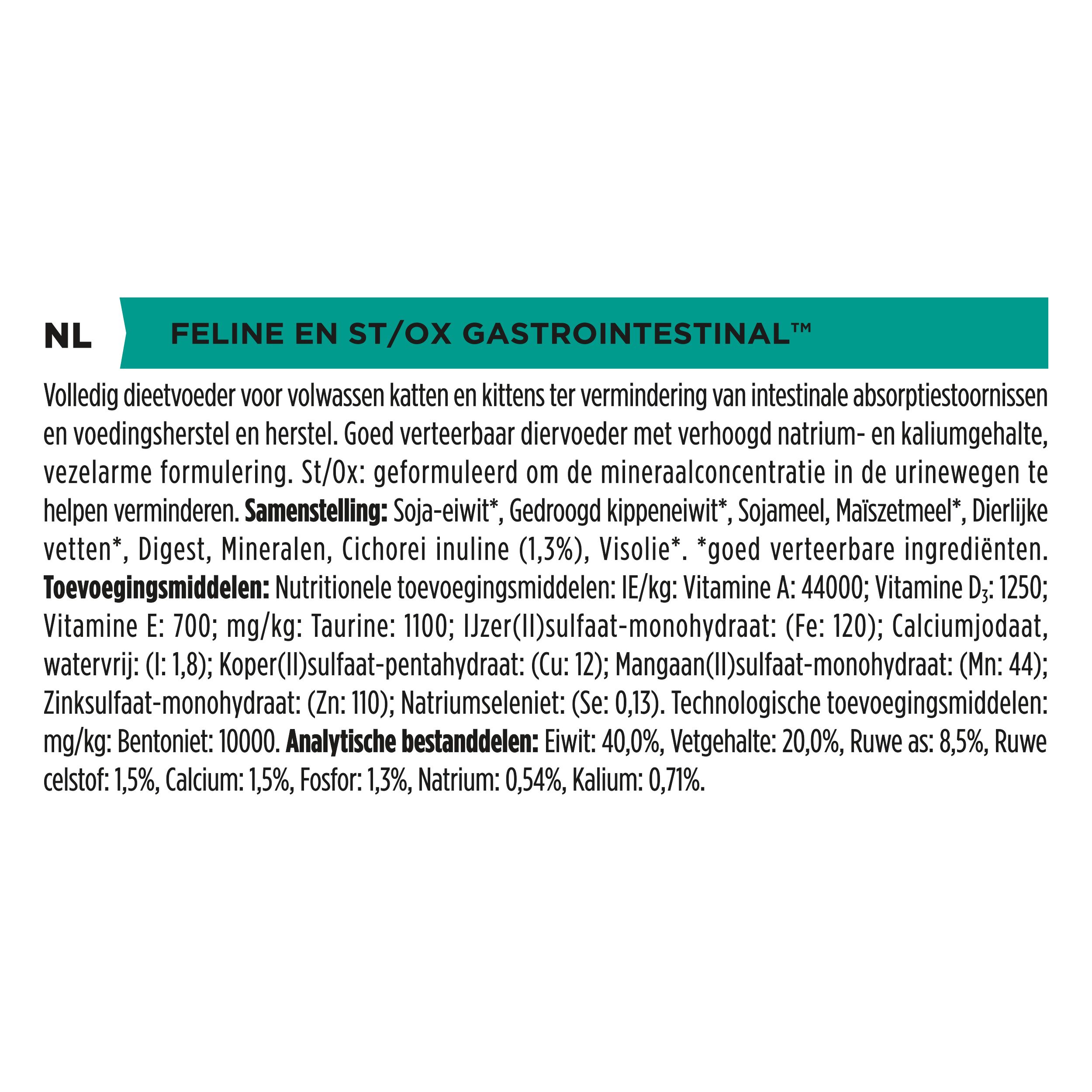 Achterkant van een 5kg zak Pro Plan Veterinary Diets Feline EN Gastrointestinal kattenvoer met voederinstructies.