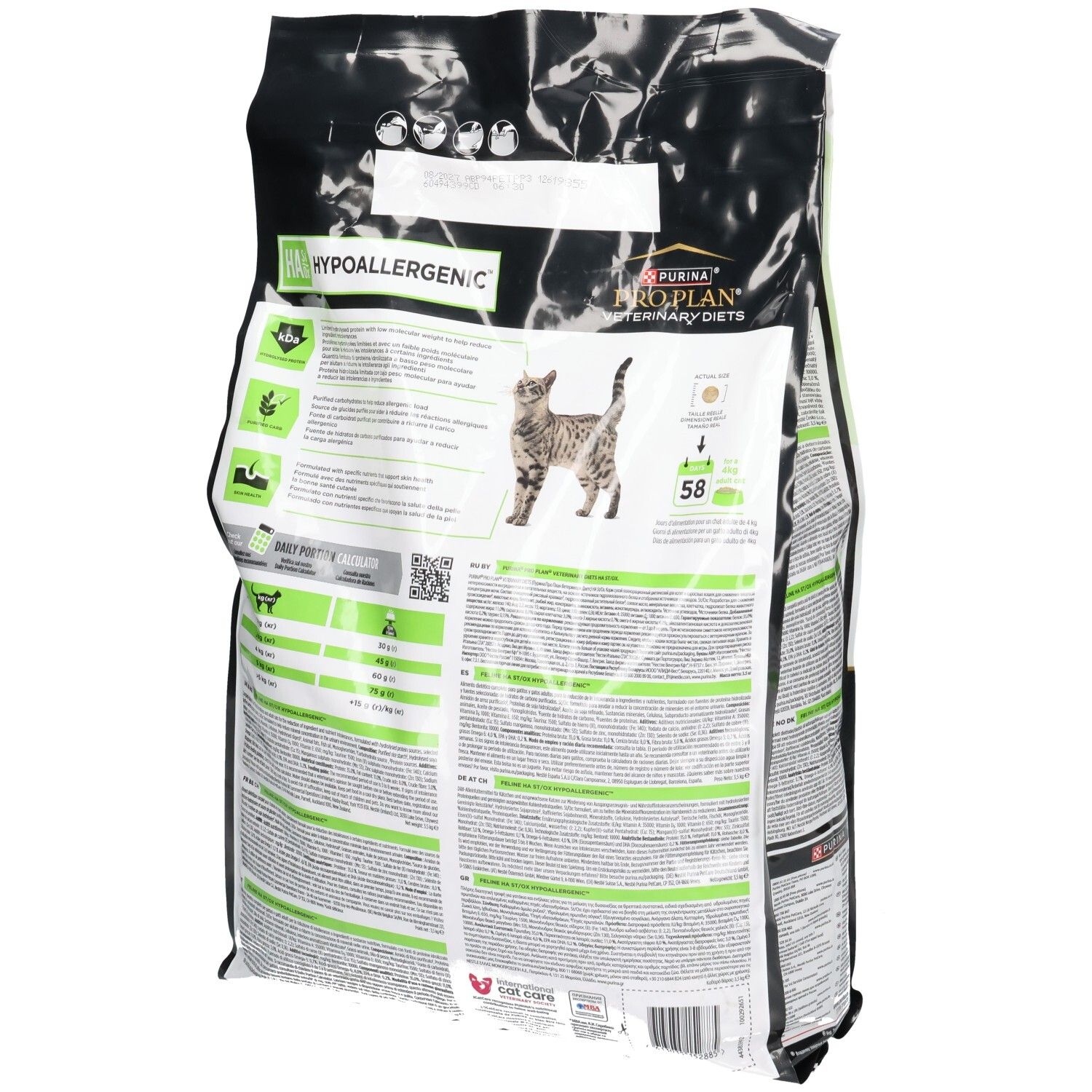 Achterkant van een zak Purina Pro Plan Veterinary Diets HA Hypoallergenic kattenvoer.