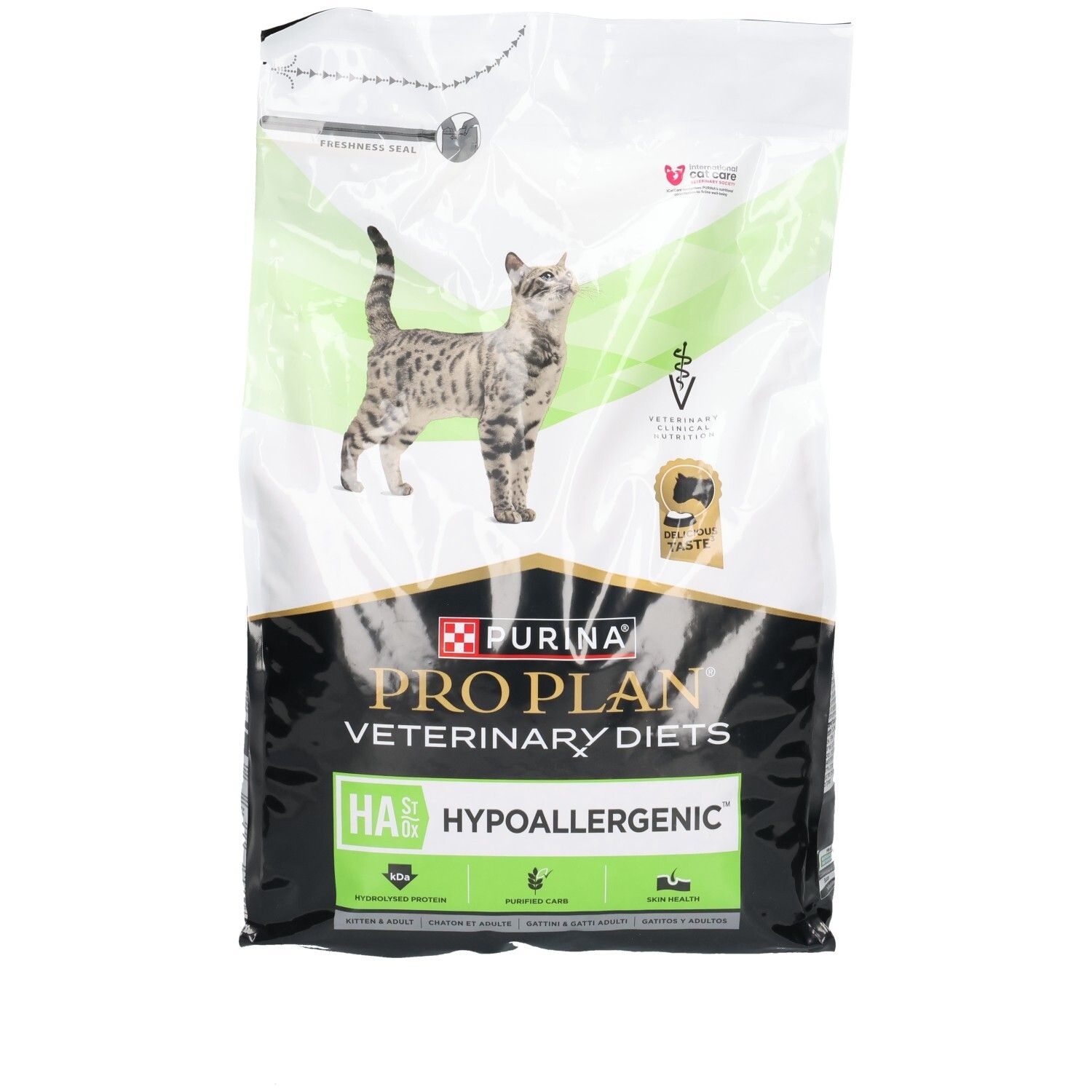 Zak Purina Pro Plan Veterinary Diets HA Hypoallergenic kattenvoer met kat en zegels.
